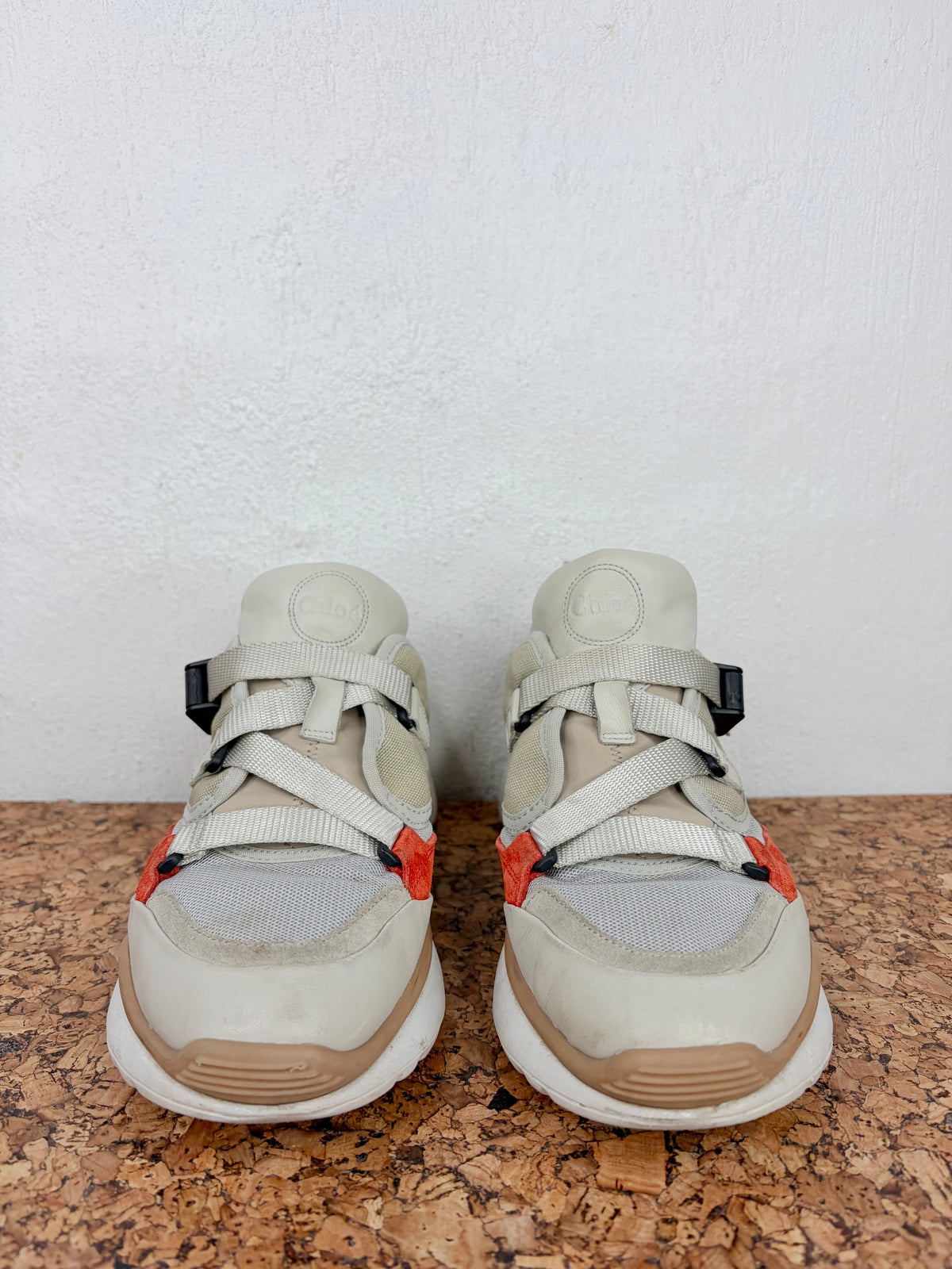 Chloé 'Sonnie' Light Eucalyptus Beige & Burnt Orange Suede & Mesh Sneakers - EU40