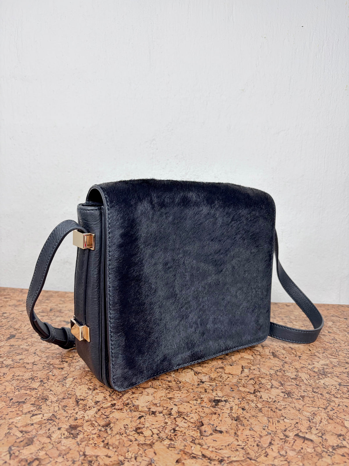 Saba Dark Navy Leather & Fur Cross Body Bag