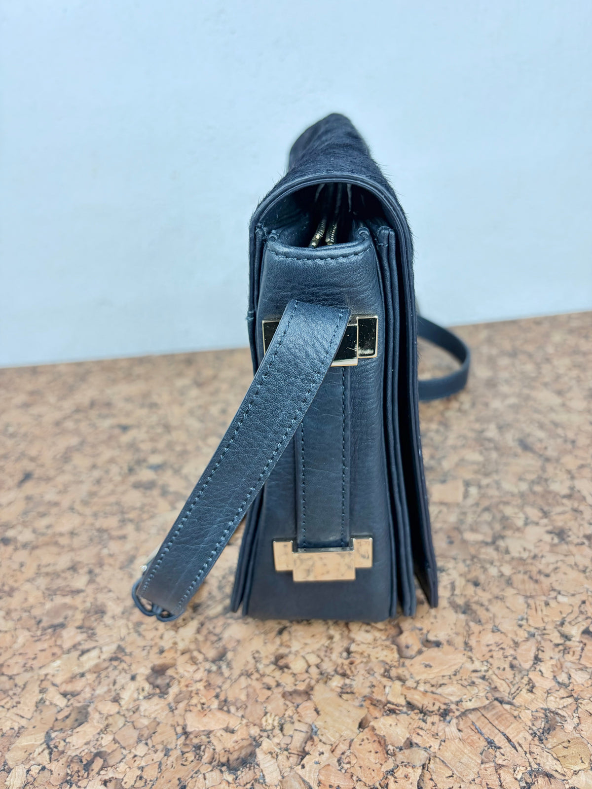 Saba Dark Navy Leather & Fur Cross Body Bag