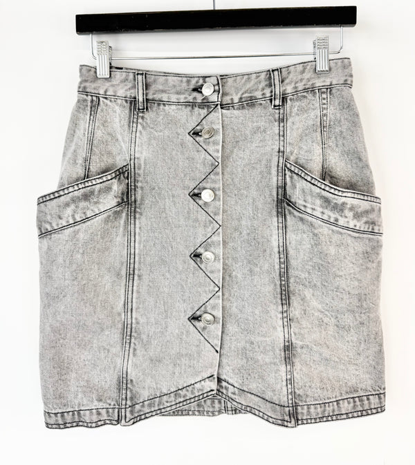 Denim skirt with button details on a white background