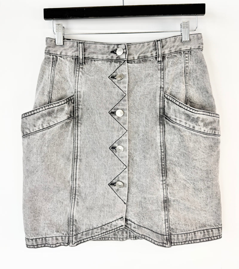 Denim skirt with button details on a white background