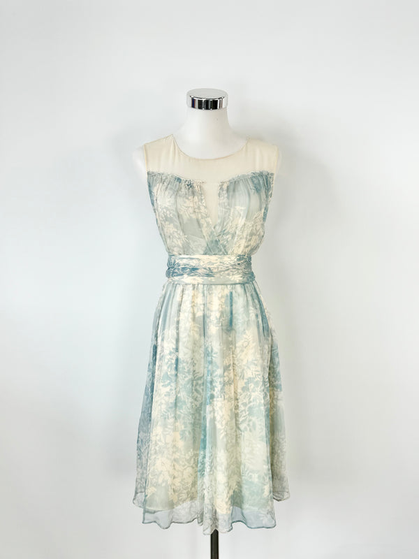It Cream & Blue Silk Floral Illusion Dress - AU10