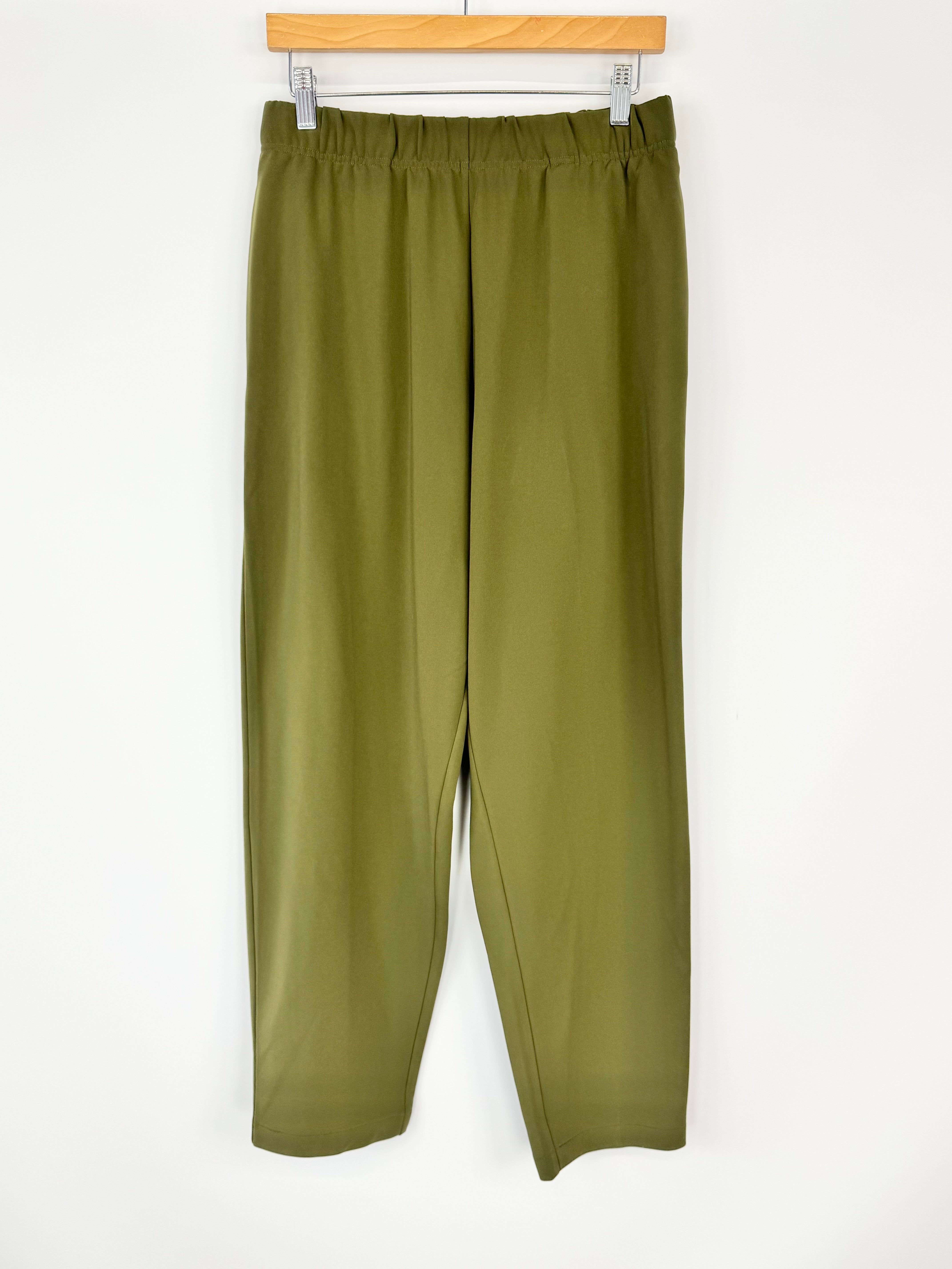 Green pants hanging on a wooden hanger against a white background