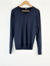 John Smedley Navy Blue V-Neck Merino Wool Sweater - S
