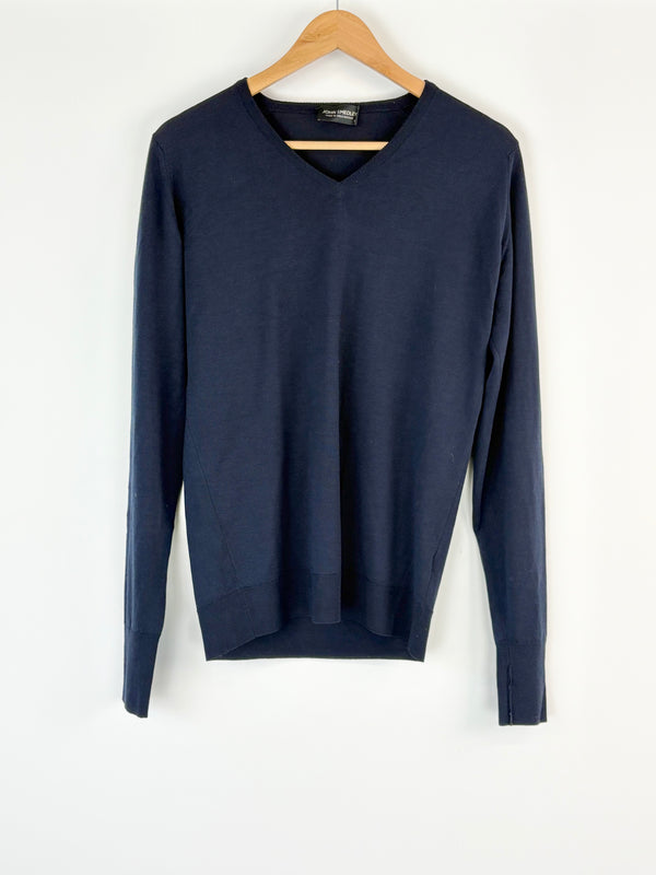John Smedley Navy Blue V-Neck Merino Wool Sweater - S