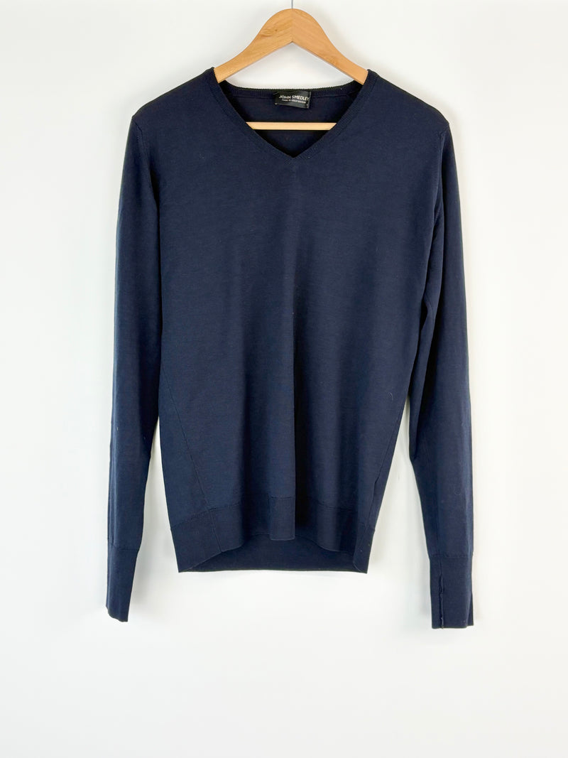 John Smedley Navy Blue V-Neck Merino Wool Sweater - S