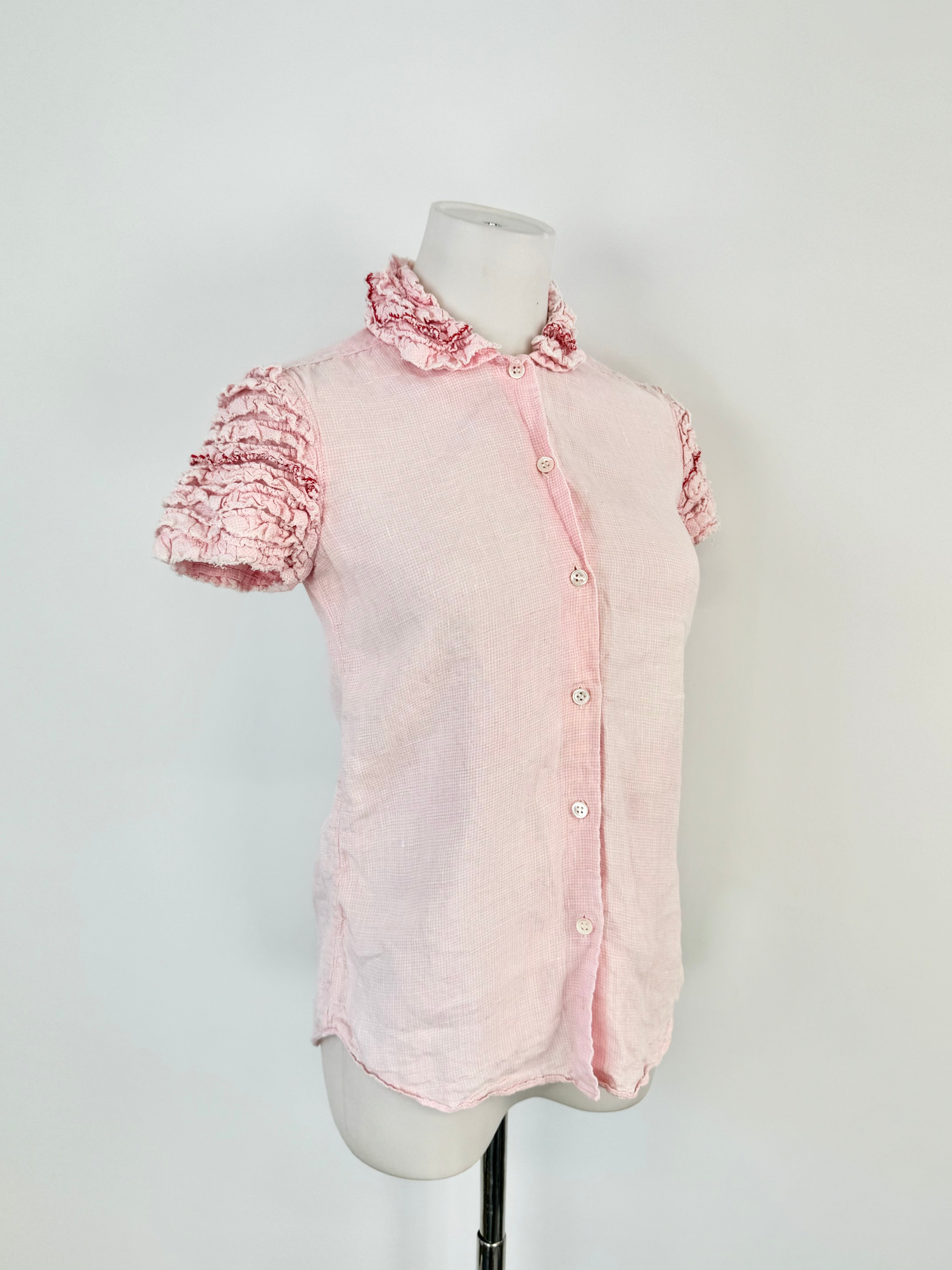 A pink gingham cap sleeve blouse with frill detailing on the collar and sleeves, displayed on a mannequin.