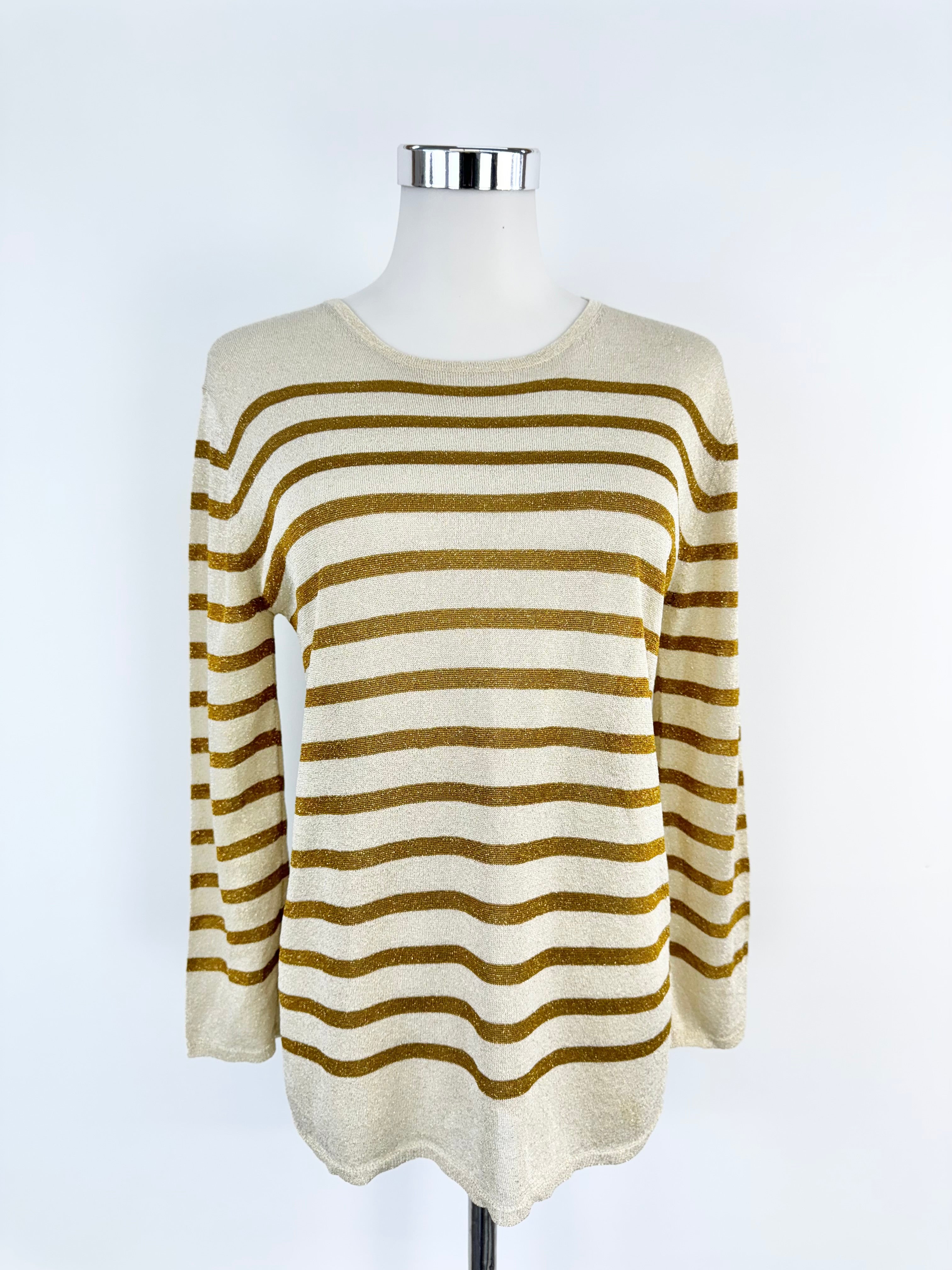 Karen Walker Gold & Mustard Knit Top displayed on a mannequin, with half length sleeves and metallic thread detail.