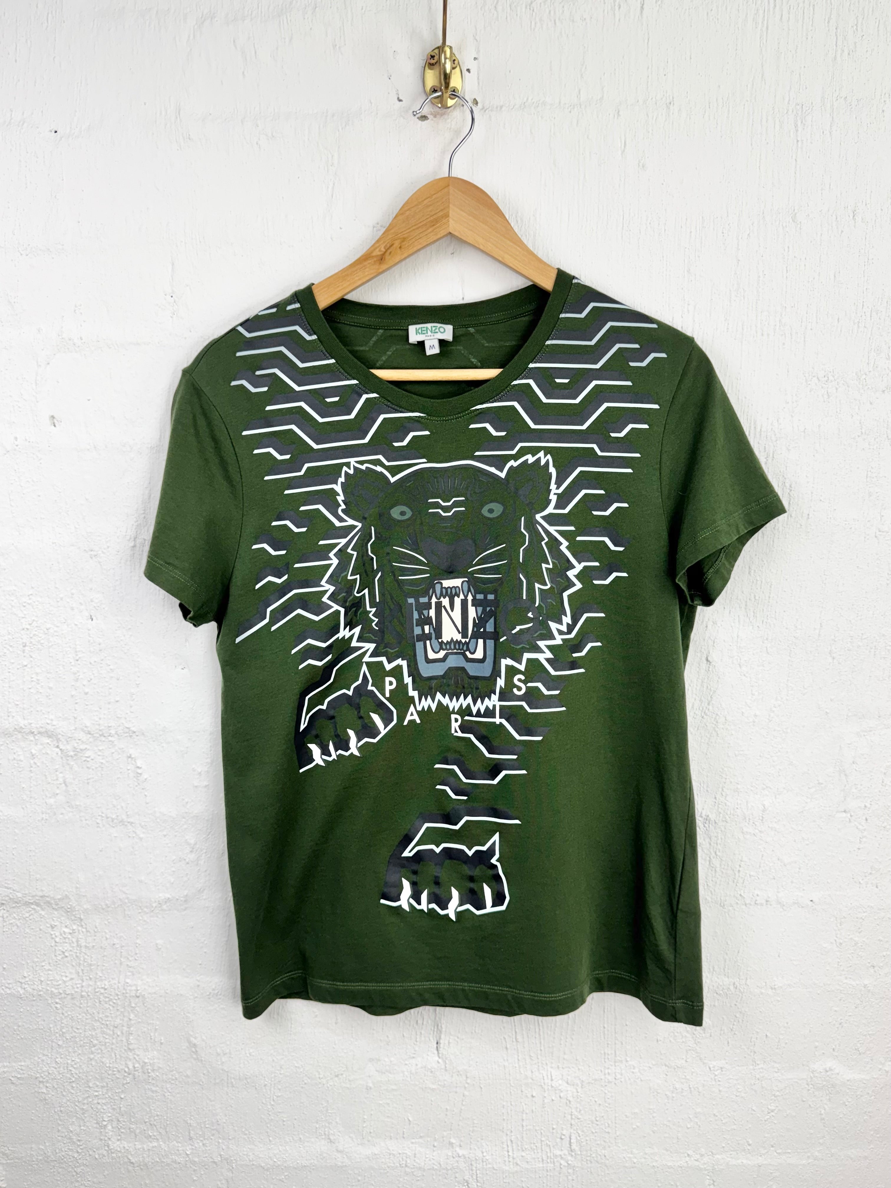Kenzo Dark Green Geometric Tiger Print Crew Neck T-Shirt - AU10/12