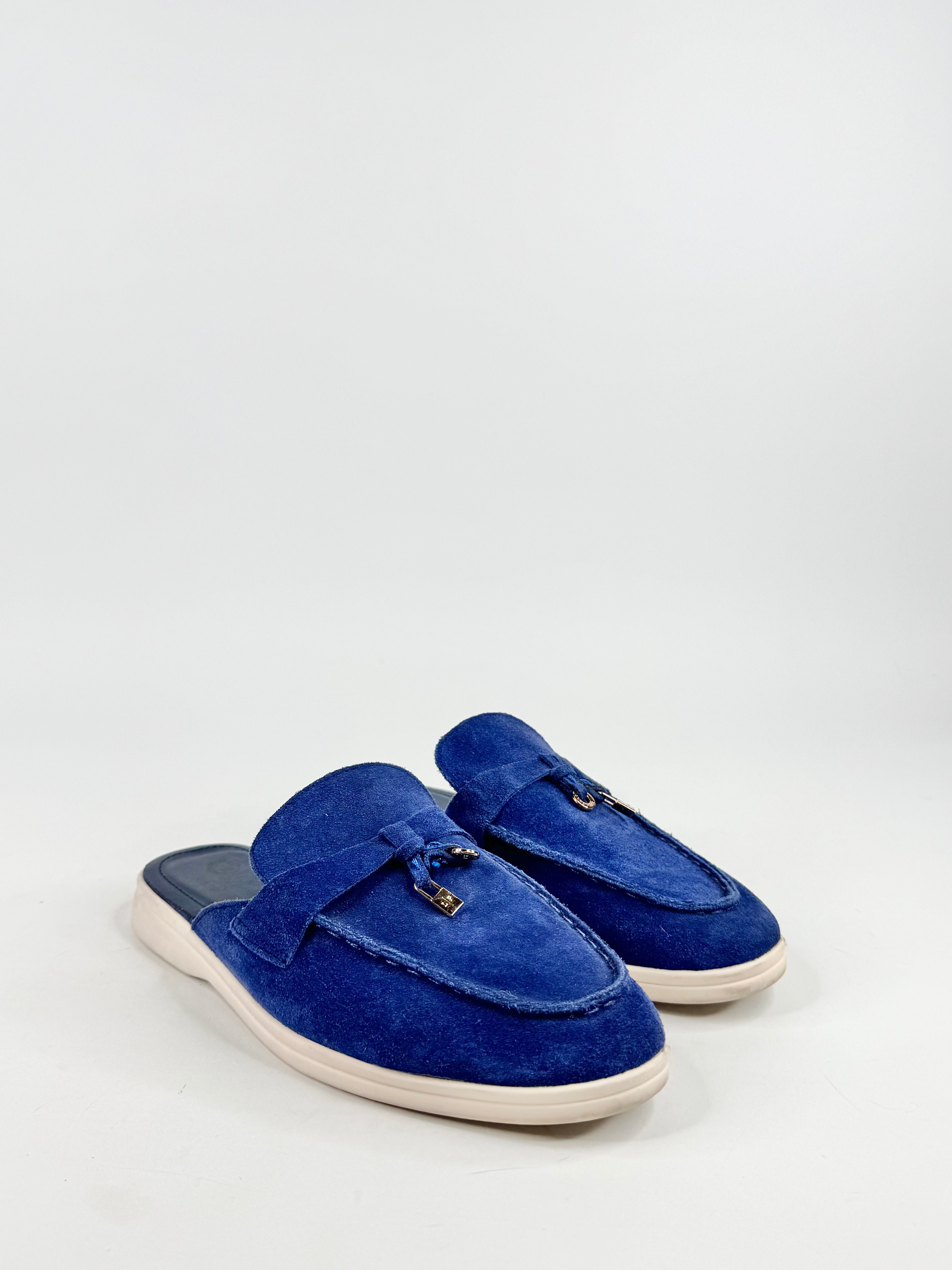 Loro Piana Blue Suede Babouche Charm Embellished Mules - EU38