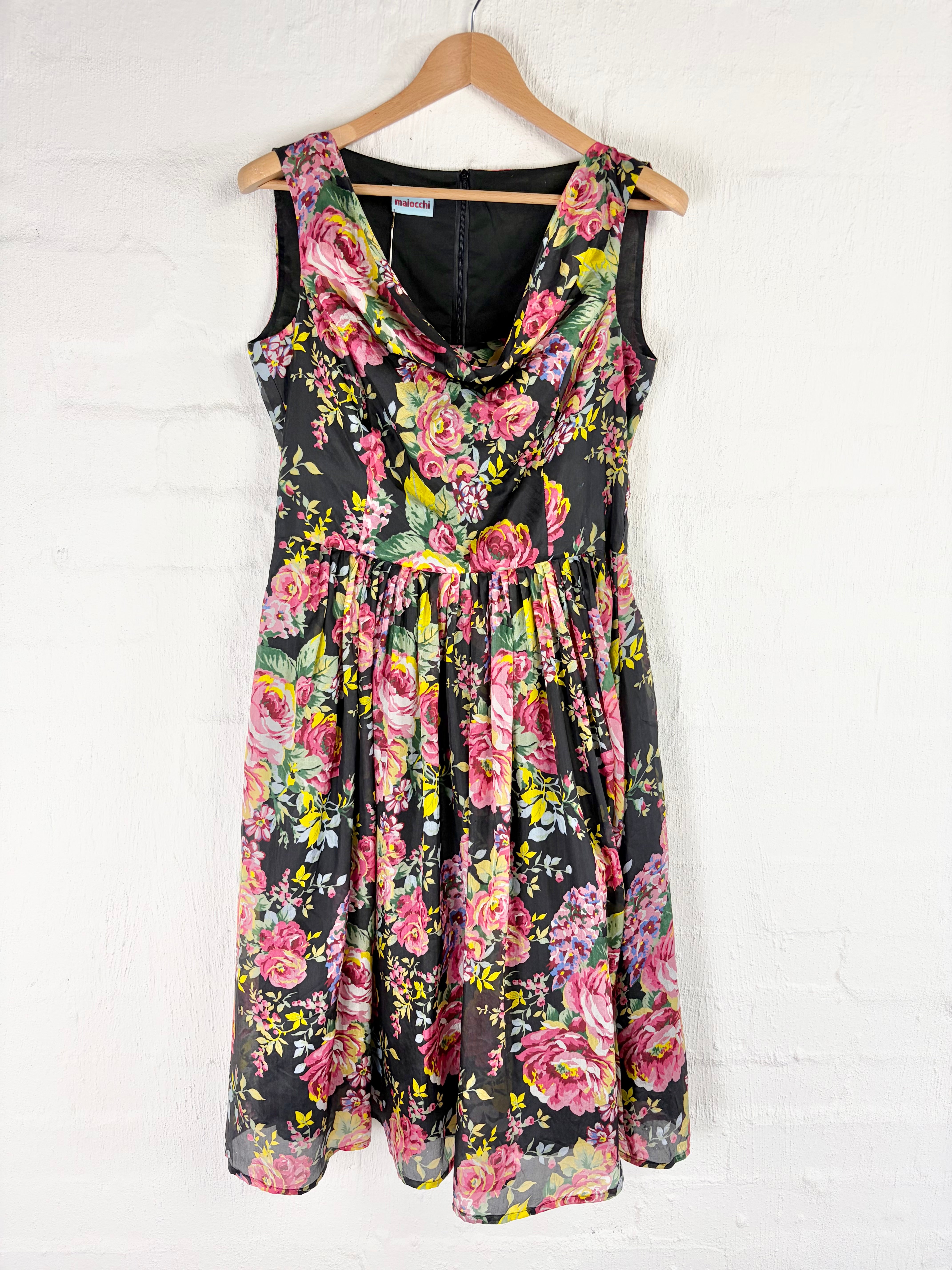 Maiocchi Black Rose Patterned 'Leading Lady' Silk Dress NWT - AU14