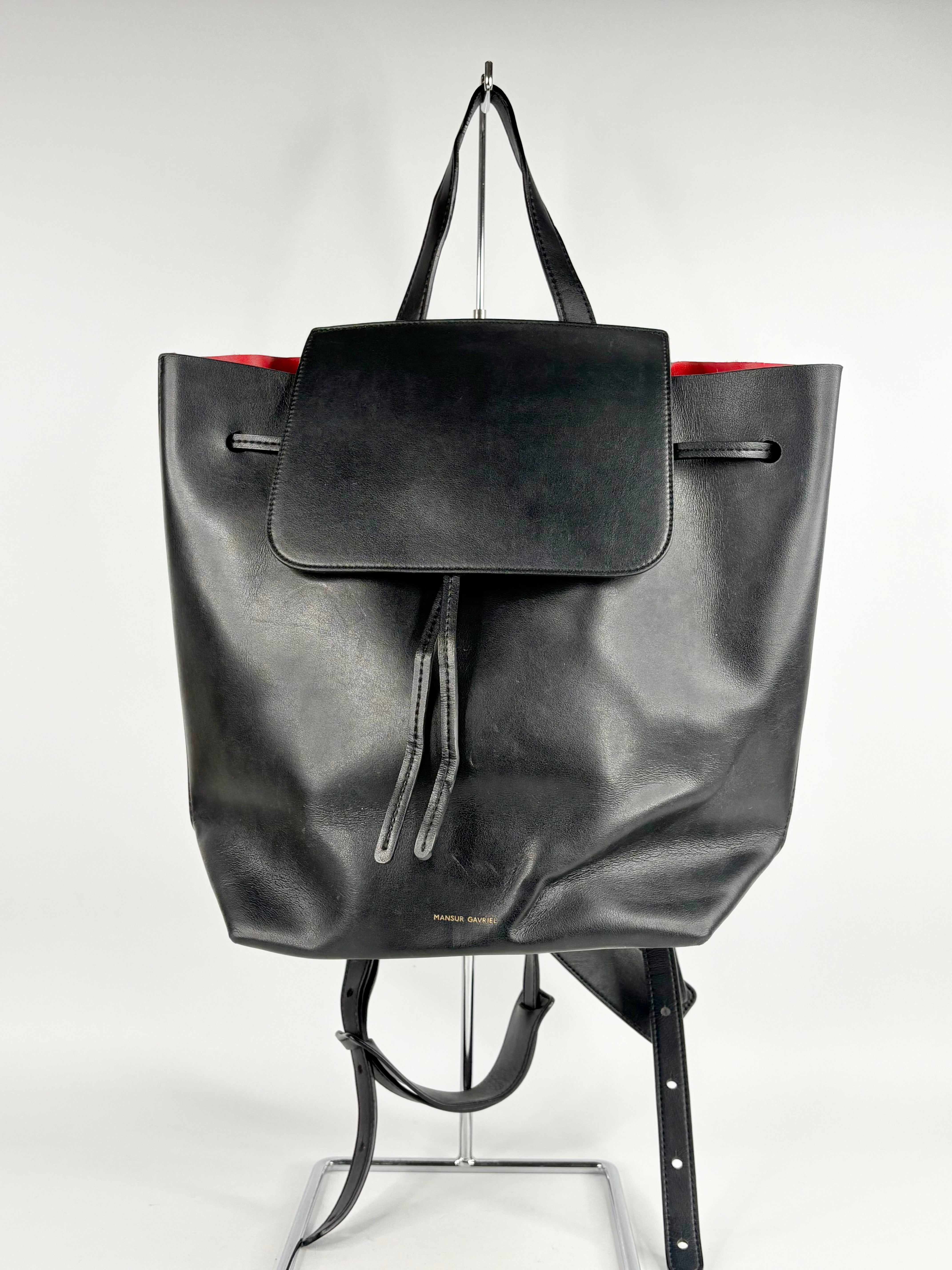 Black leather backpack on a white background