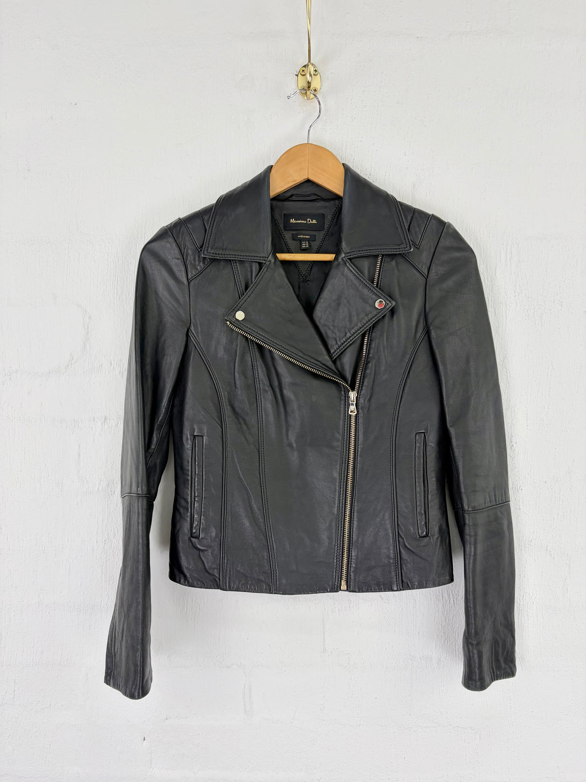 Massimo Dutti Black Leather Biker Jacket - AU4/6