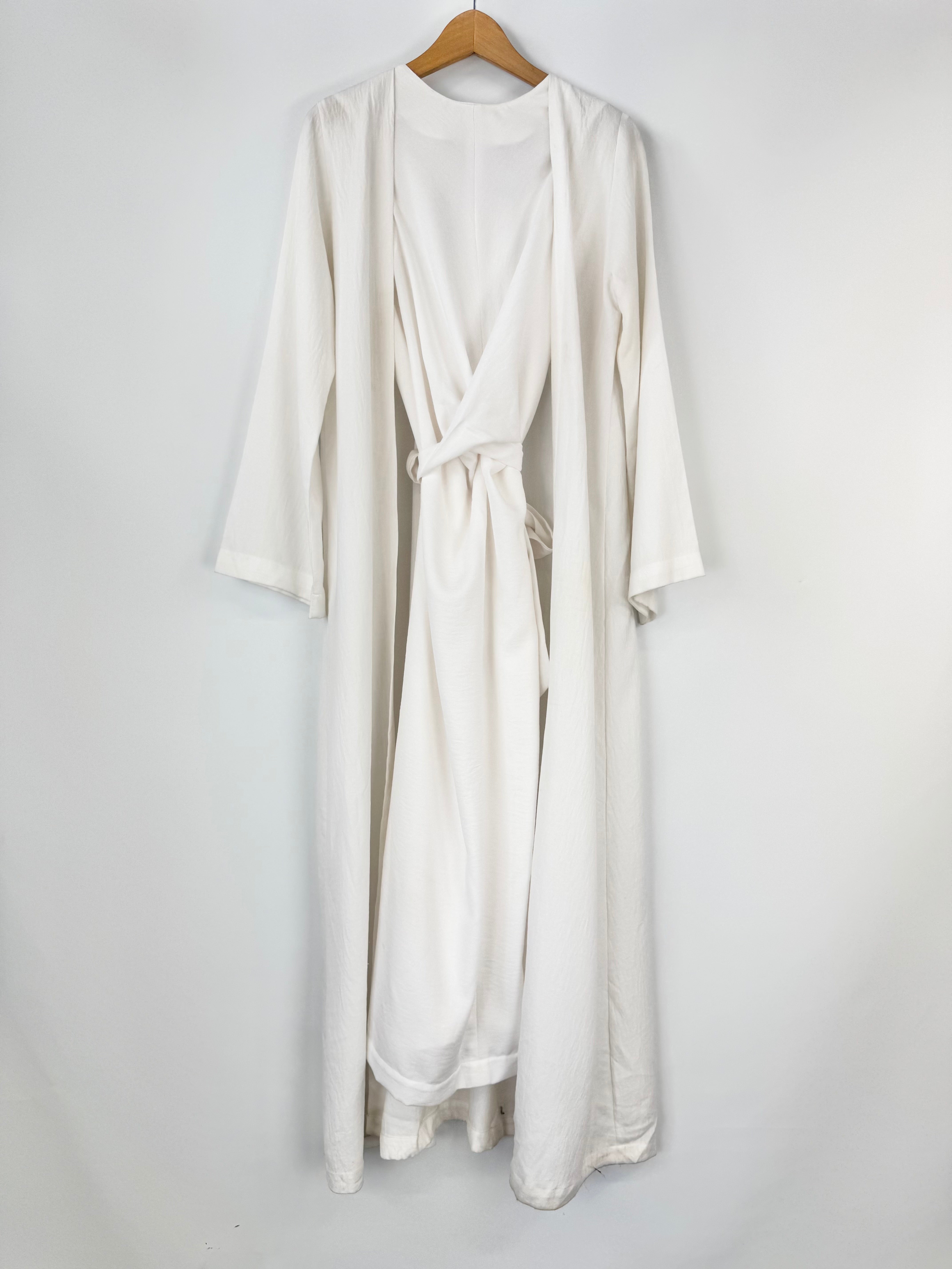 White Dress & Robe Set on a hanger against a white background