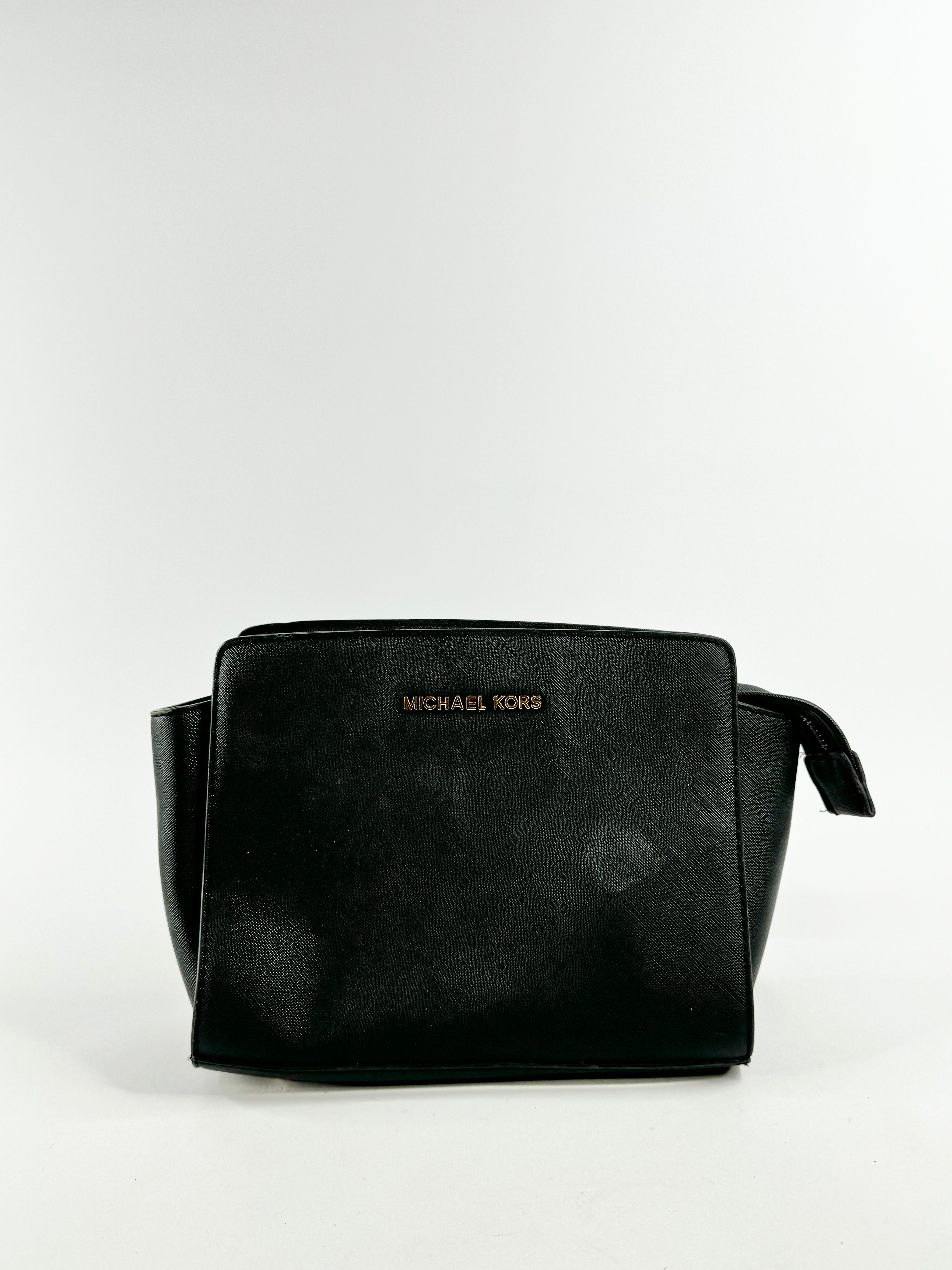 Black faux leather Michael Kors crossbody bag with gold hardware, in pre-loved condition.