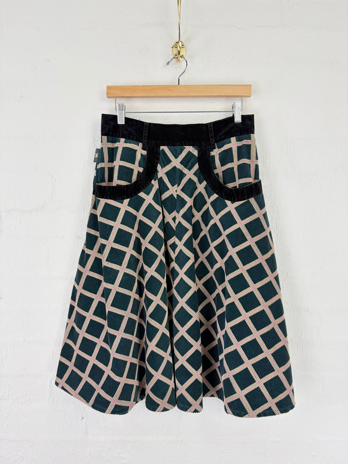 Michiko Koshino Green, Cream & Black Trim Corduroy Circle Skirt - AU12/14