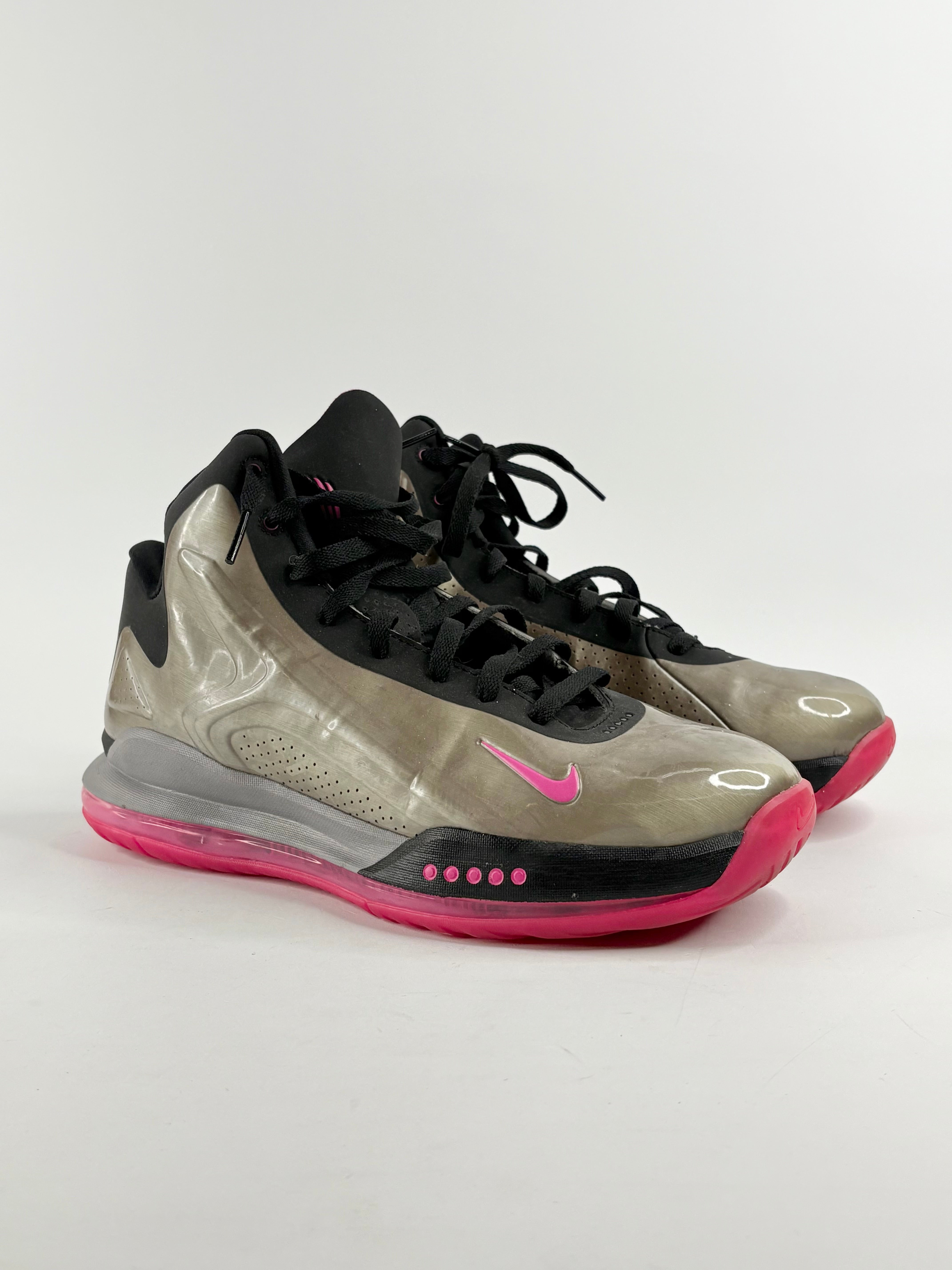 A pair of Nike Hyperflight Max metallic pewter/pink foil-black sneakers displayed against a white background.