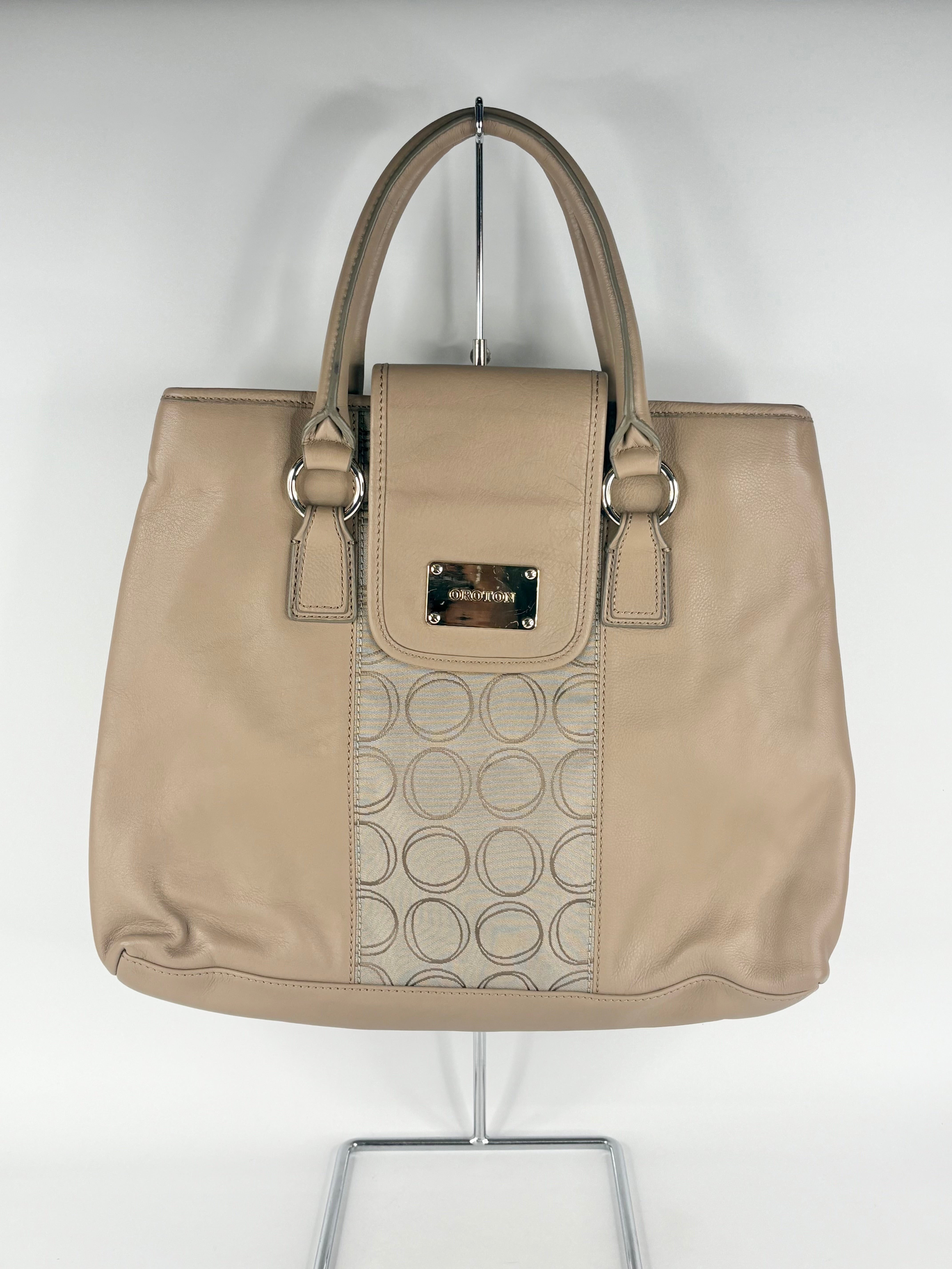 Oroton Beige Leather & Monogrammed Panel Handbag