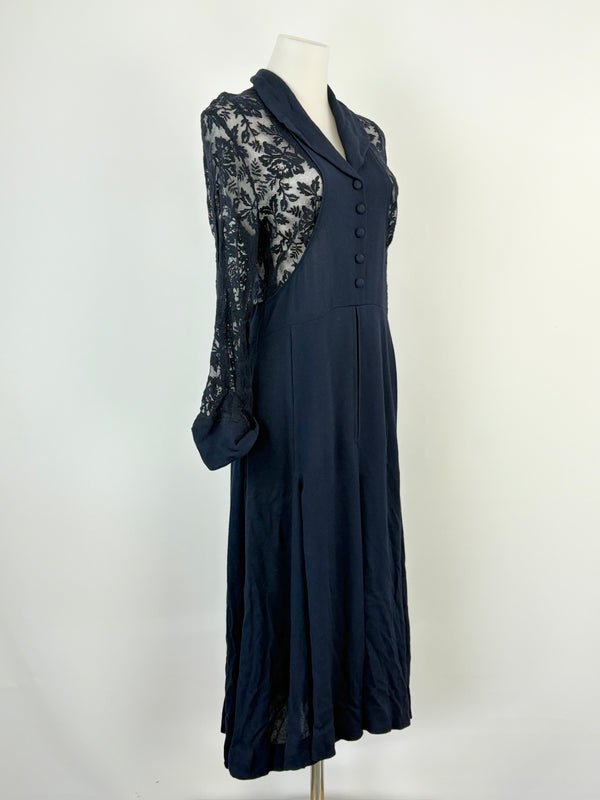 Peekaboo Navy Blue Embroidered Lace Floral Midi Dress - AU8/10