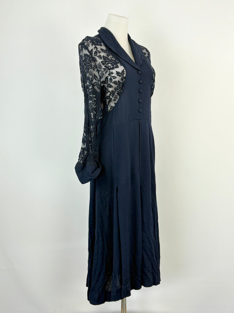 Peekaboo Navy Blue Embroidered Lace Floral Midi Dress - AU8/10