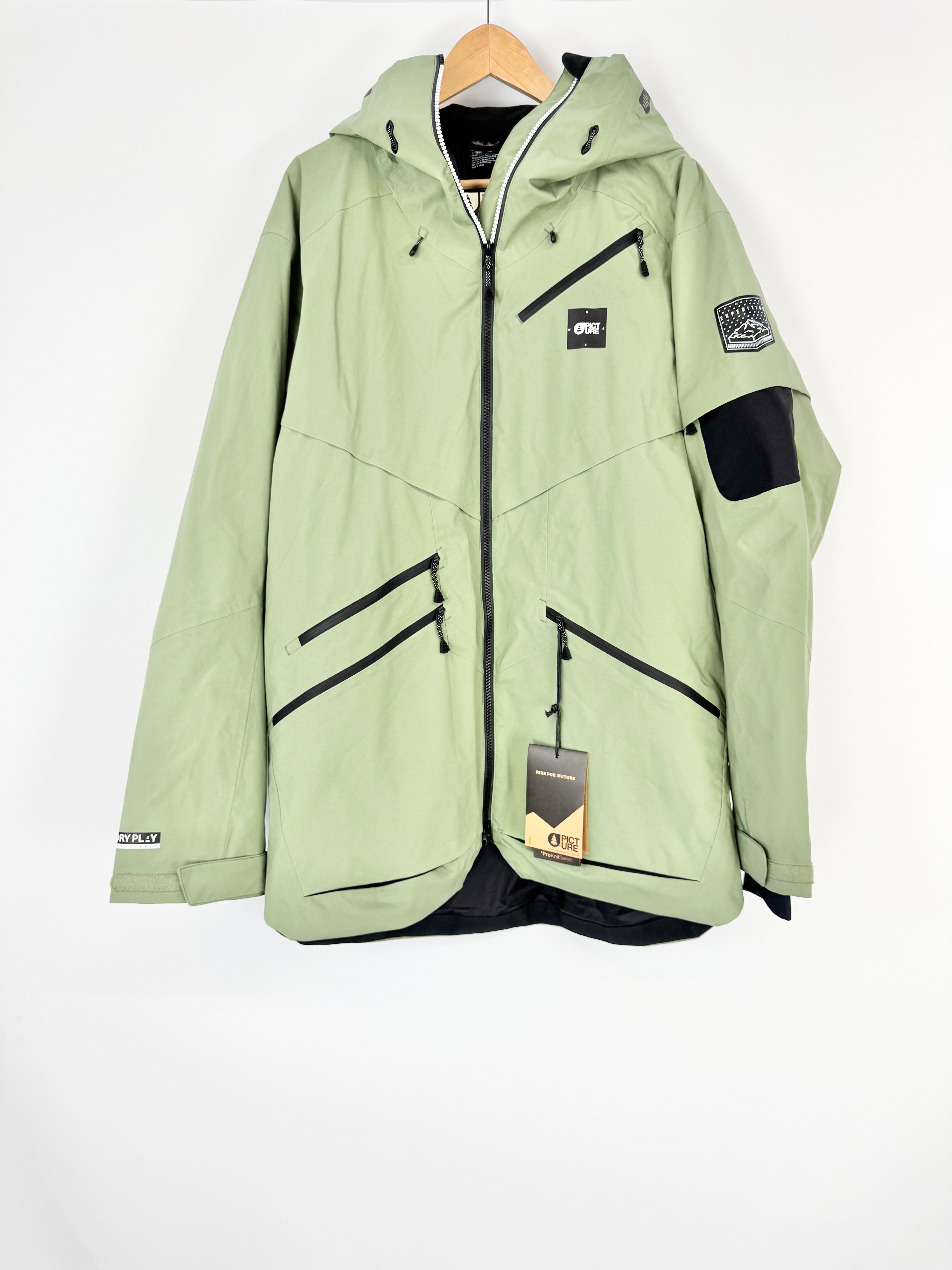 Light green jacket with black accents on a white background
