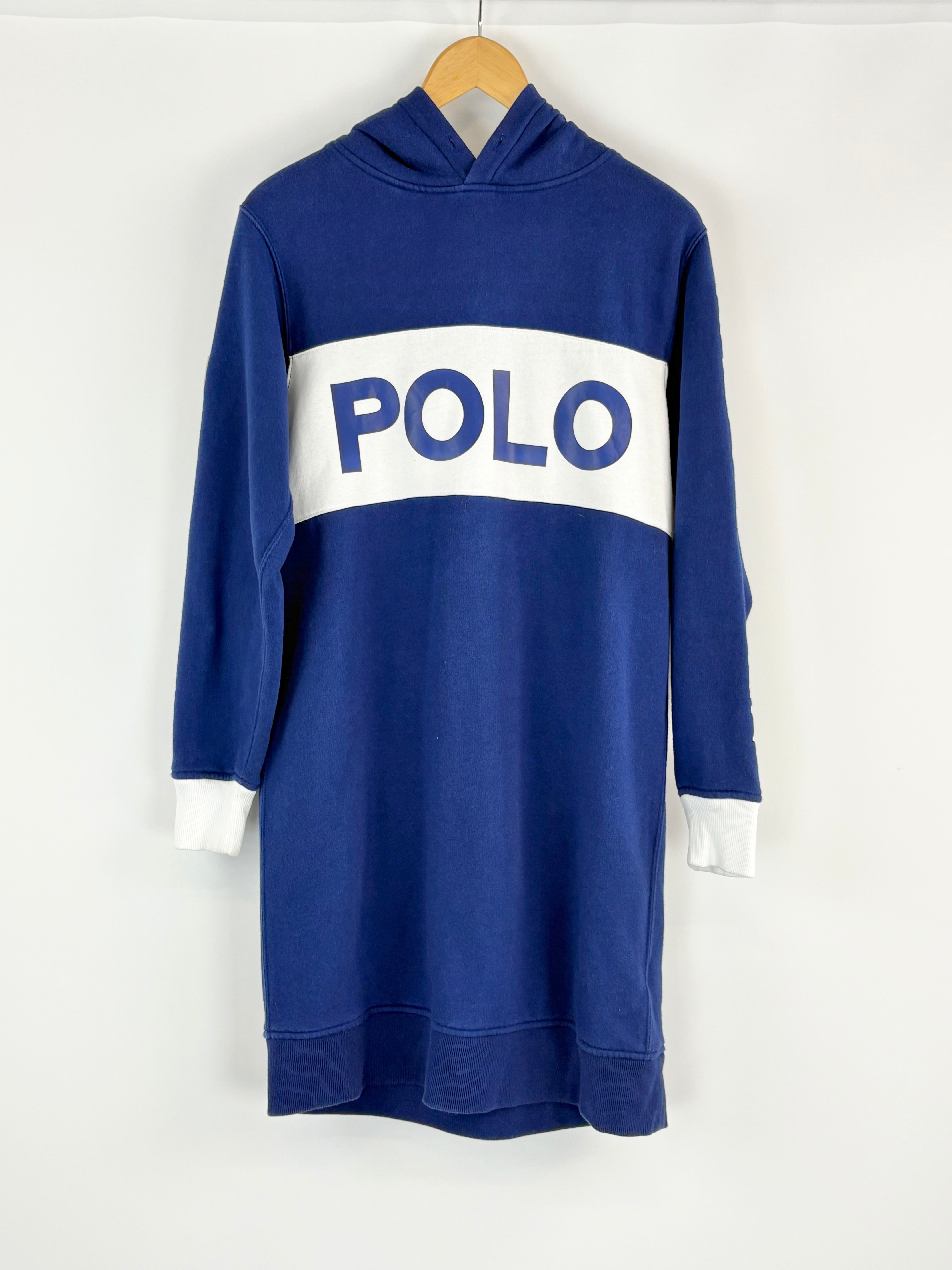 Blue hoodie dress with 'POLO' logo on a white background