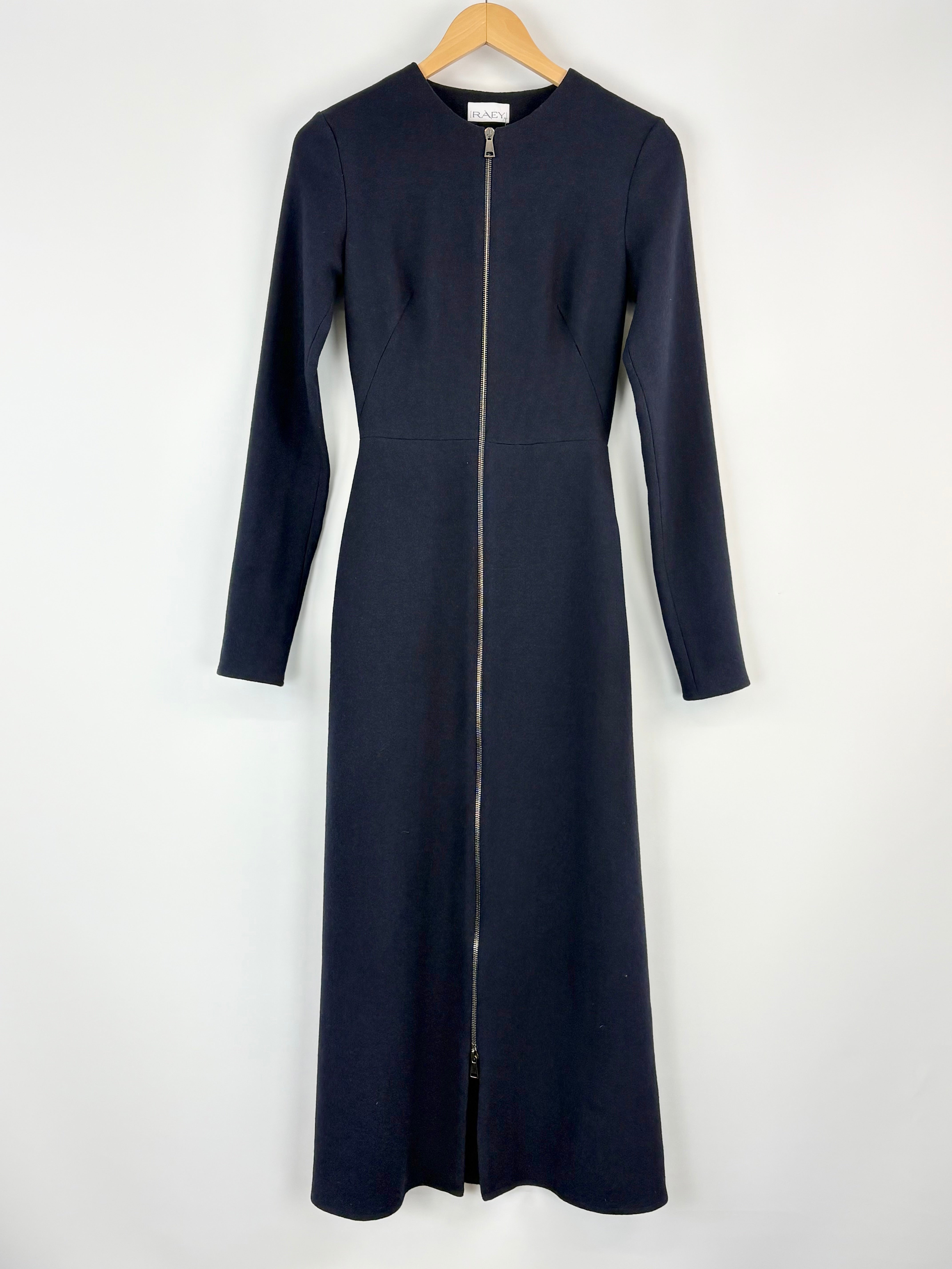 Navy blue dress with a zipper on a white background