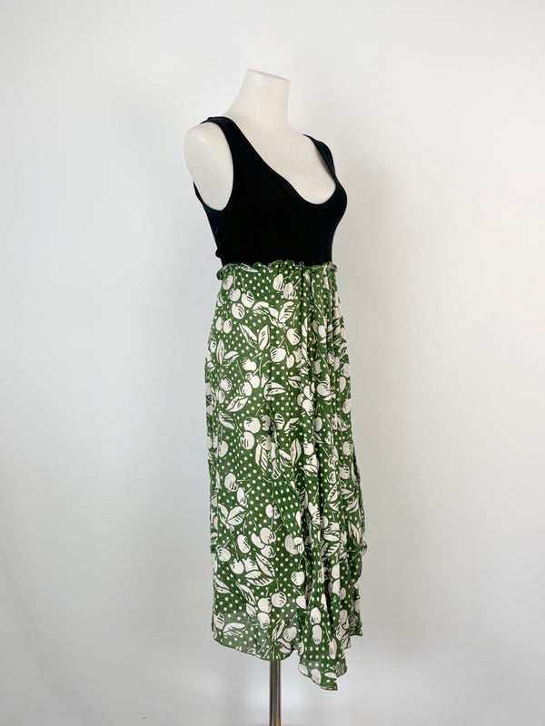 A Sonia Rykiel two-tone black and forest green floral midi dress displayed on an AU8 mannequin.