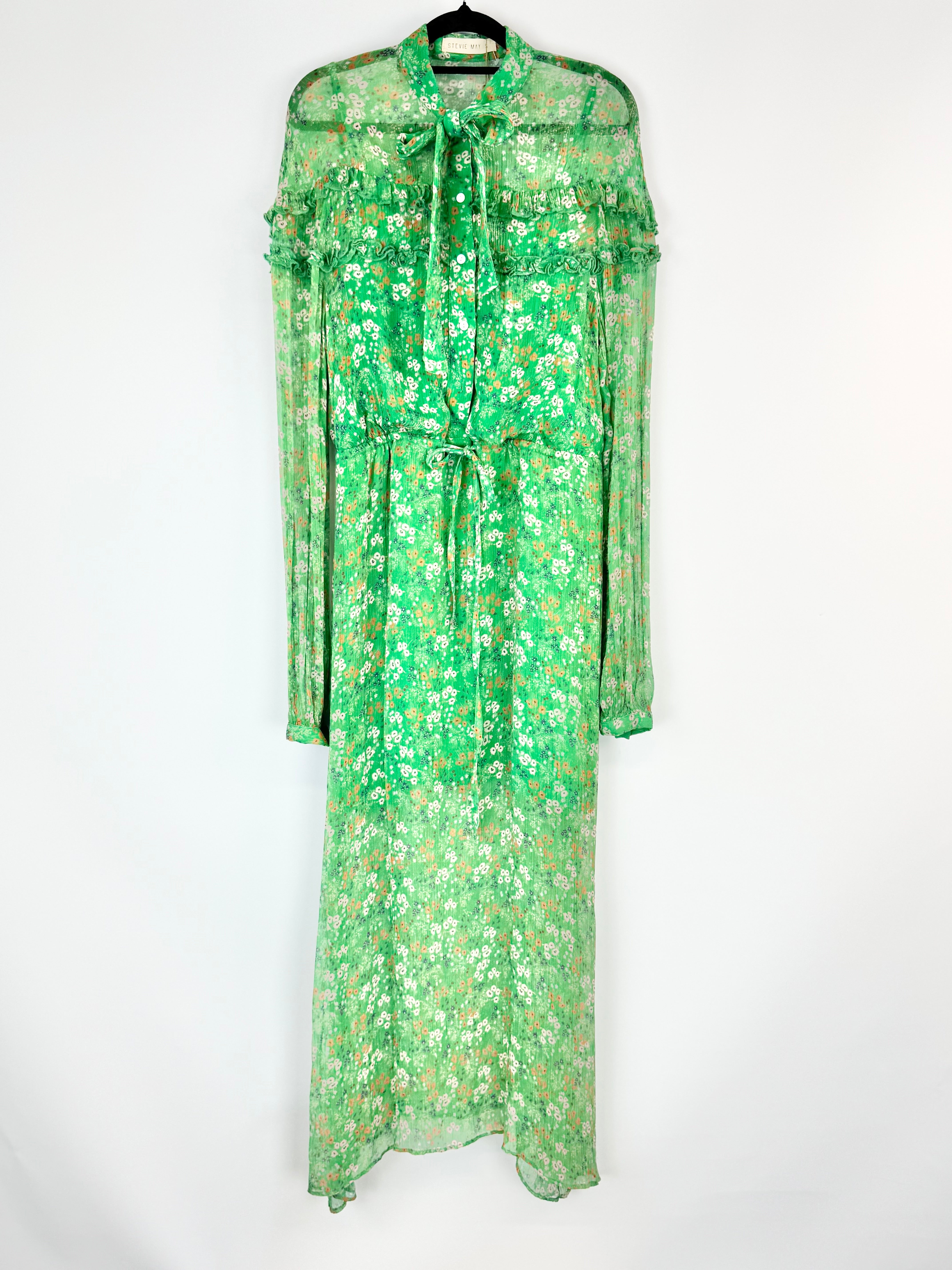 Green floral maxi dress on a white background