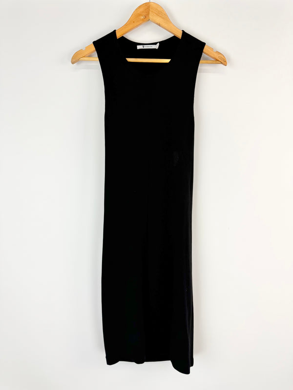 Black sleeveless dress on a wooden hanger against a white background