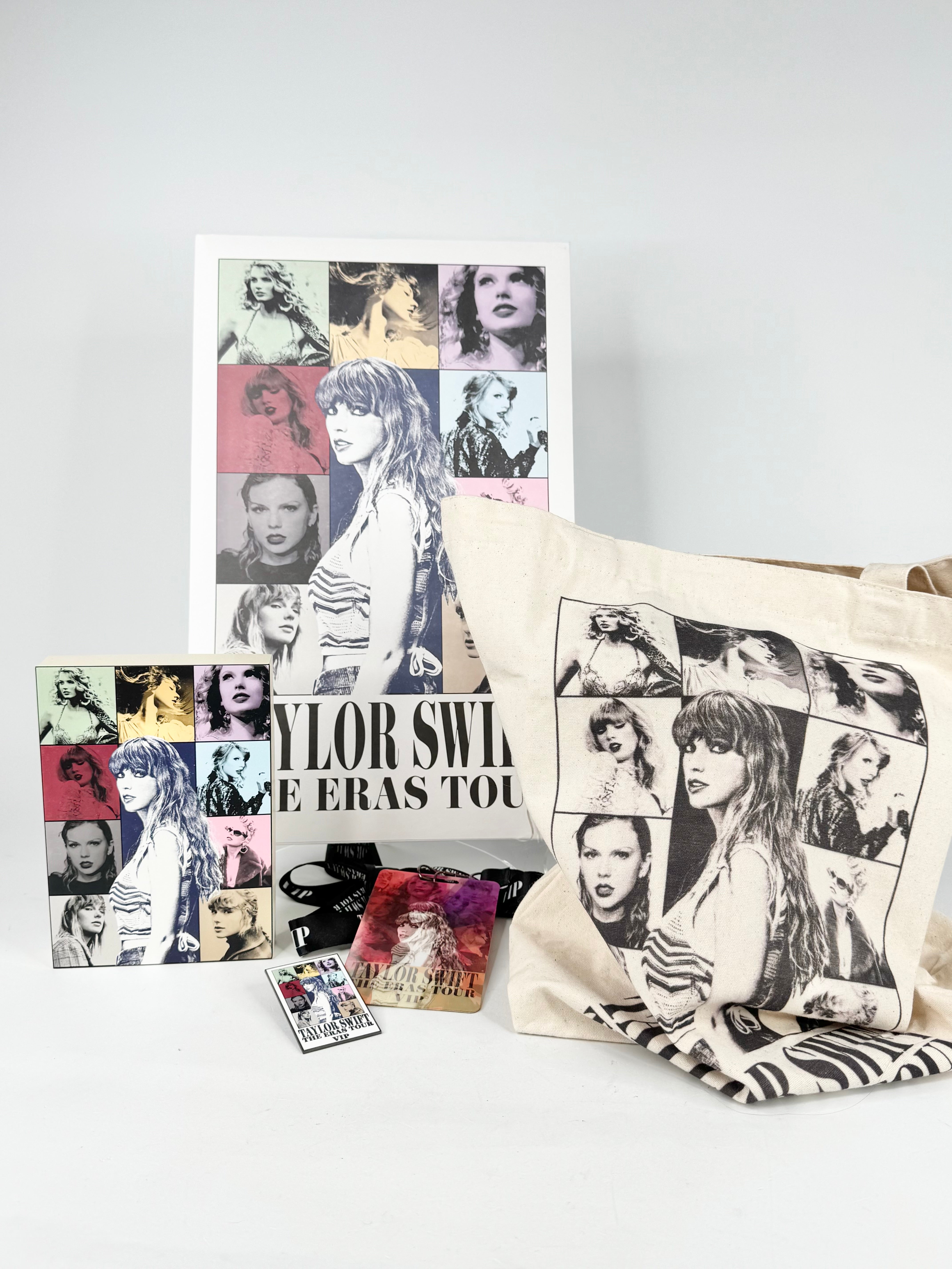 Collage of Taylor Swift images on a poster and blanket with a pillow.