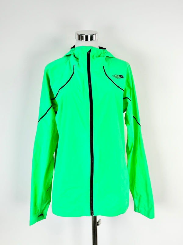 The North Face Neon Green Flight Series Jacket displayed on a mannequin against a white background.