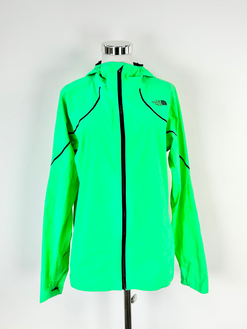 The North Face Neon Green Flight Series Jacket displayed on a mannequin against a white background.