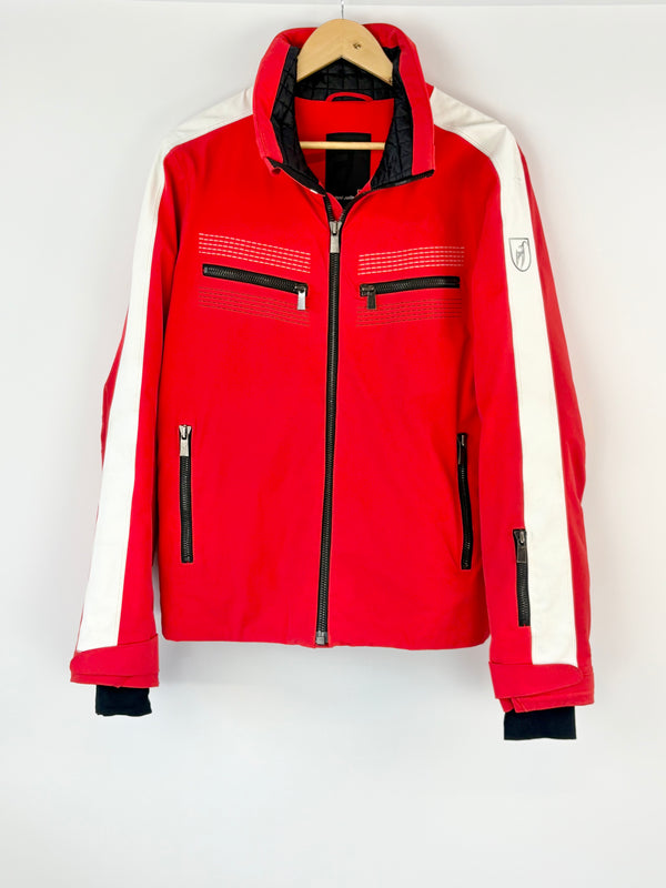 Red and white jacket with black accents on a hanger against a white background