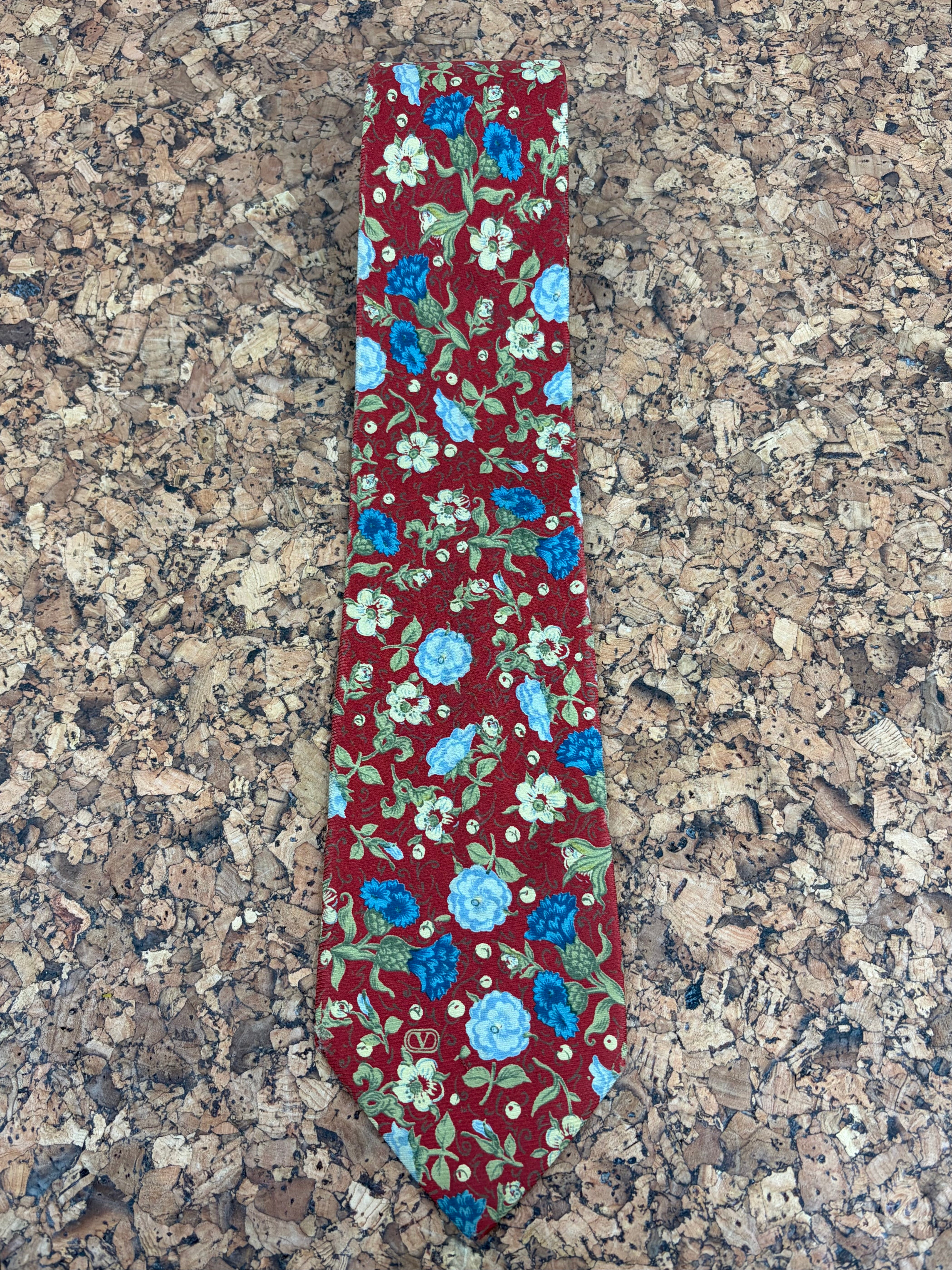 Valentino Red & Blue Carnation Patterned Silk Tie