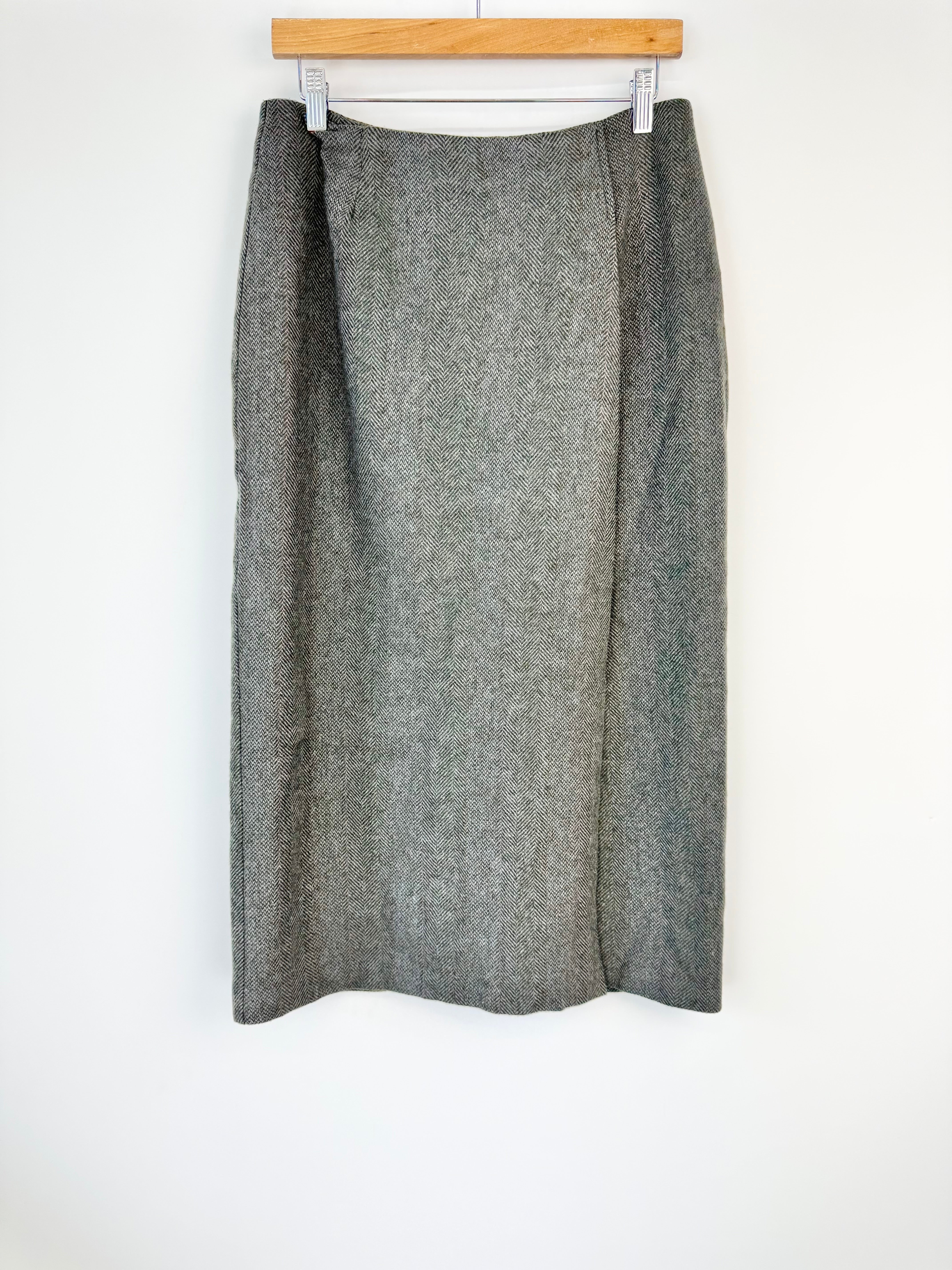 Vintage 80s 209 by Barbara Green Blue & Brown Herringbone Wool Midi Skirt - AU10/12