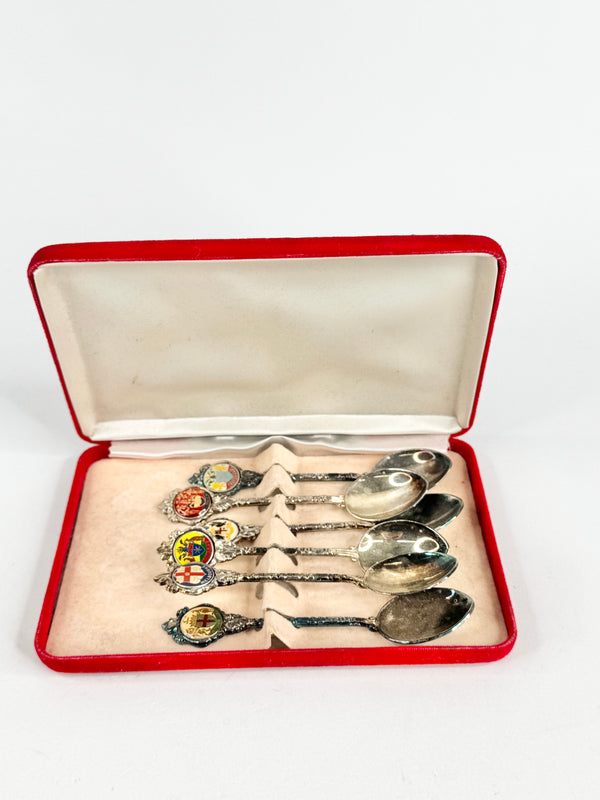 Set of silver spoons with enameled handles in a red velvet box on a white background