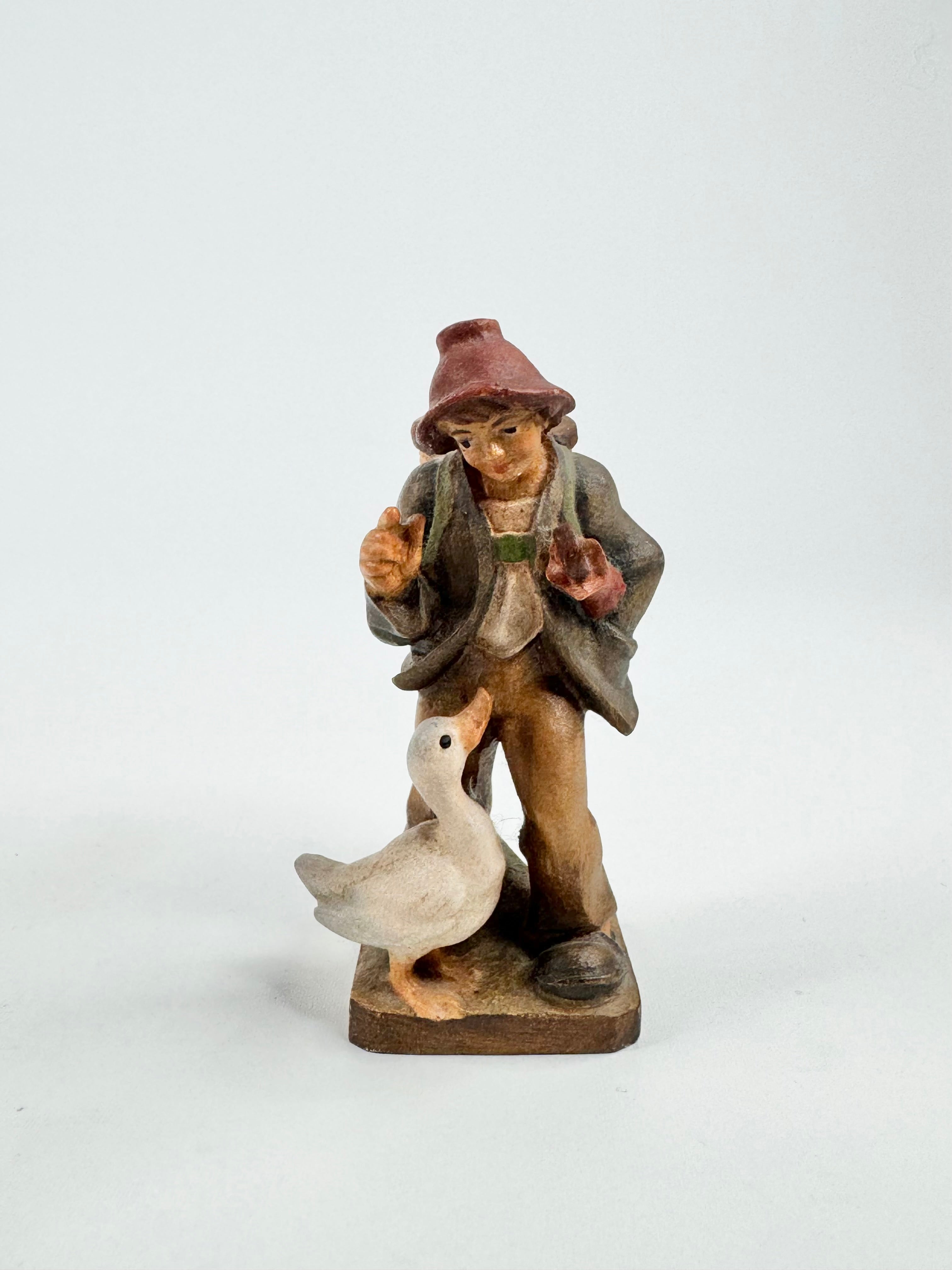 Vintage Carved Boy & Goose Wooden Figurine