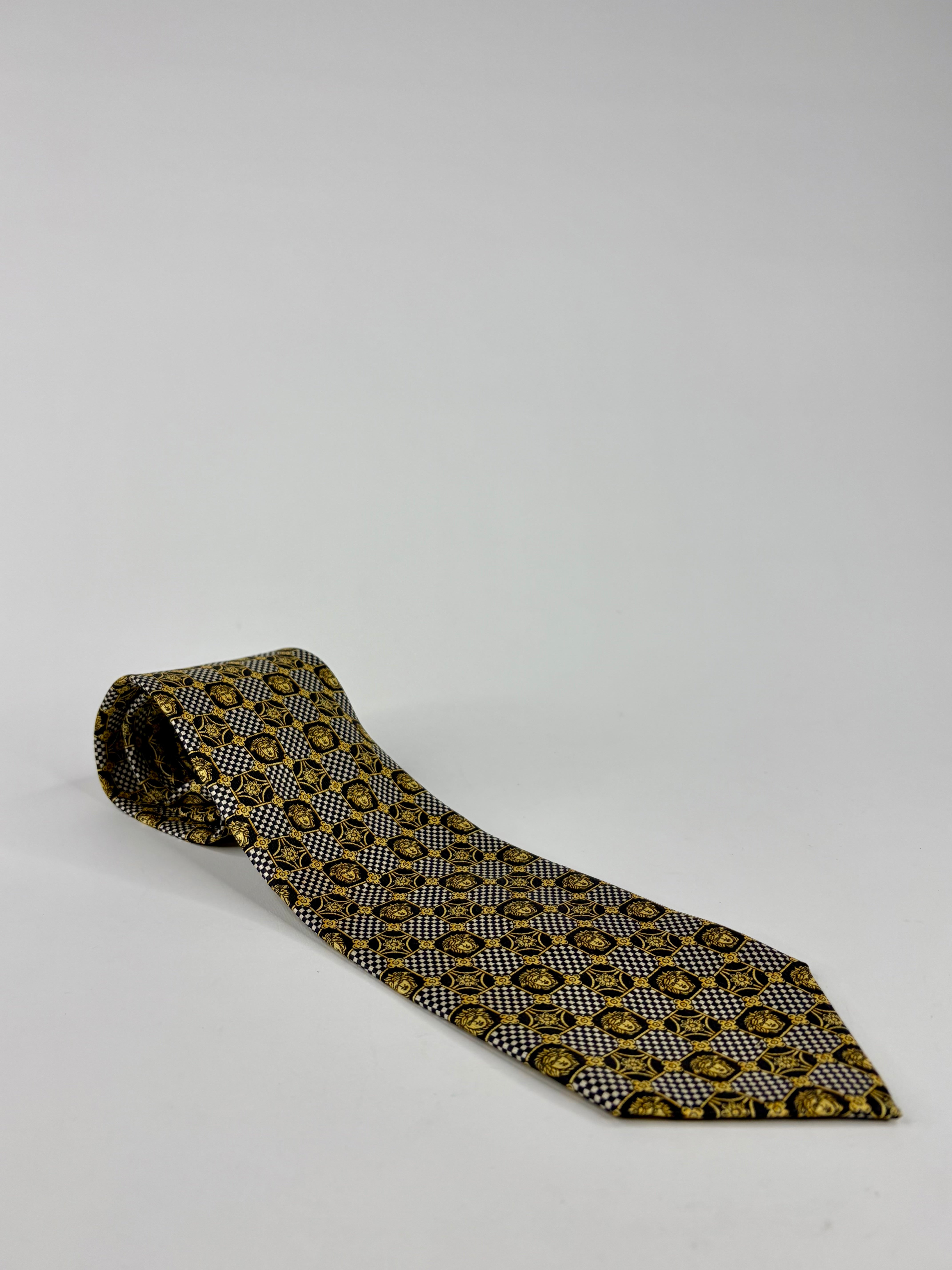 Patterned tie on a light gray background