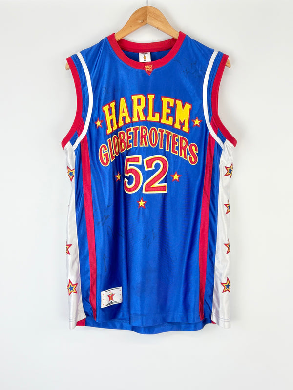Harlem Globetrotters basketball jersey with number 52 on a hanger against a white background