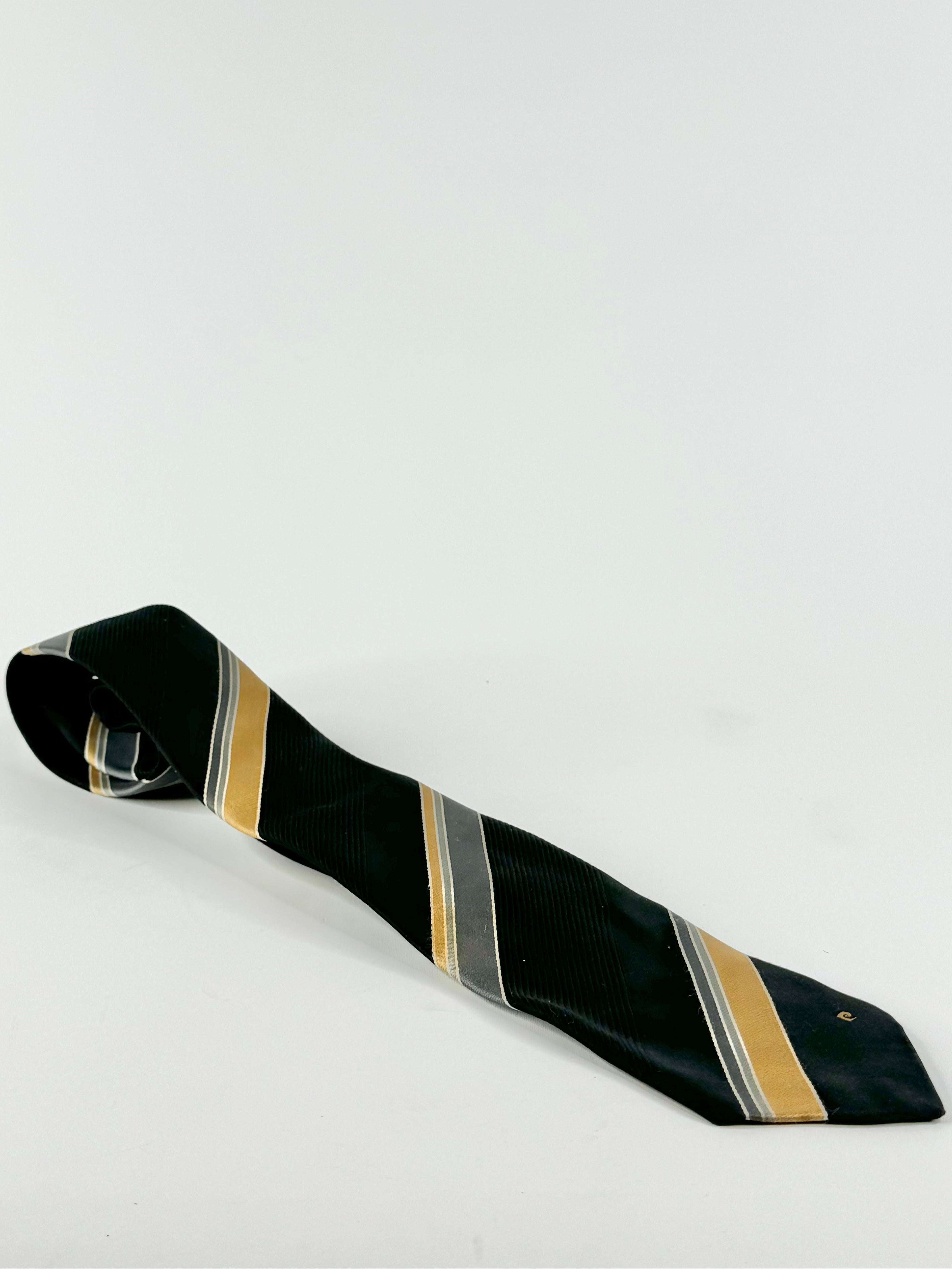 A dark green necktie with diagonal stripes of gold, gray, and white, displayed on a plain white background.