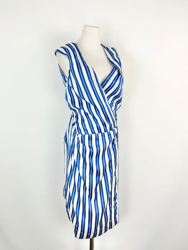 Blue and white striped dress on a mannequin against a white background