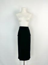 A black pencil skirt with two front panels displayed on a mannequin