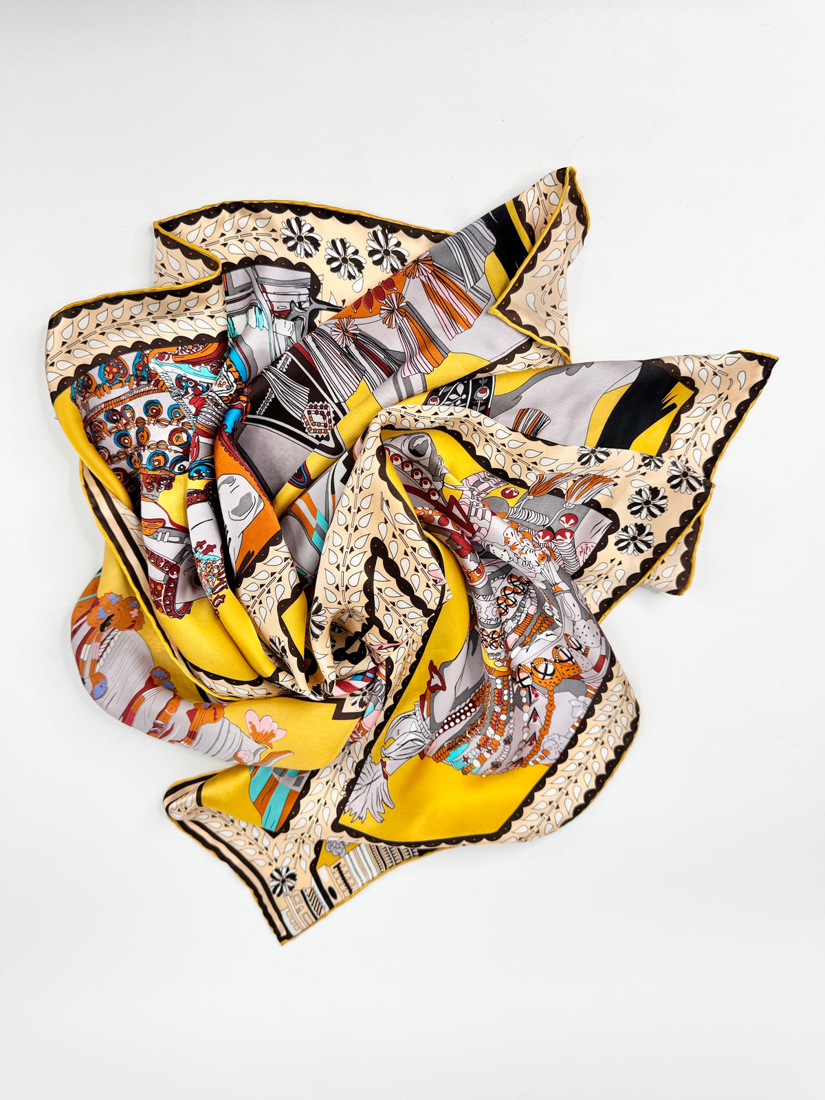 Yellow Silk Horse Patterned Scarf