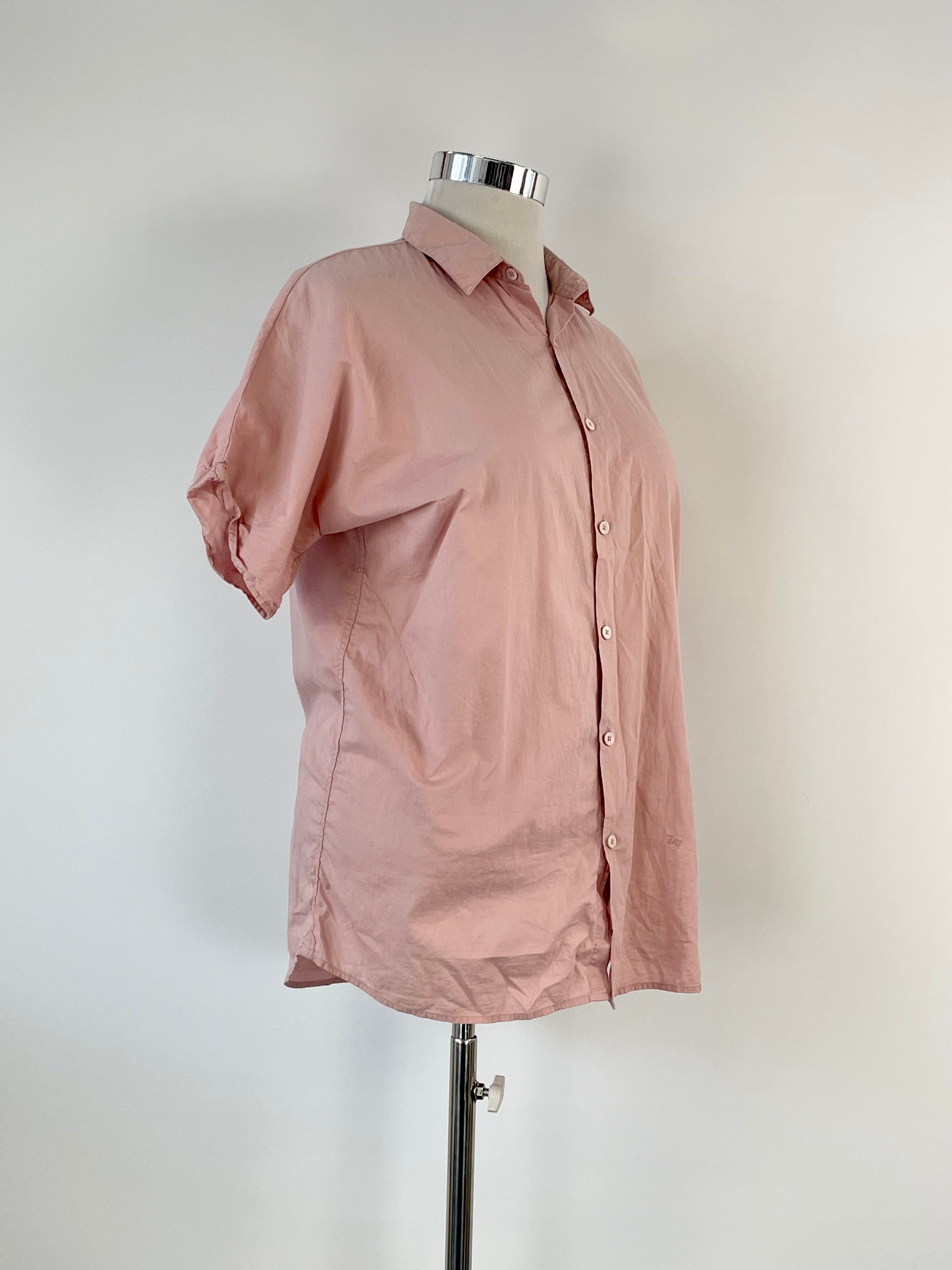 A pastel pink 'Tyron' top displayed on a mannequin, featuring a round neckline and short sleeves.
