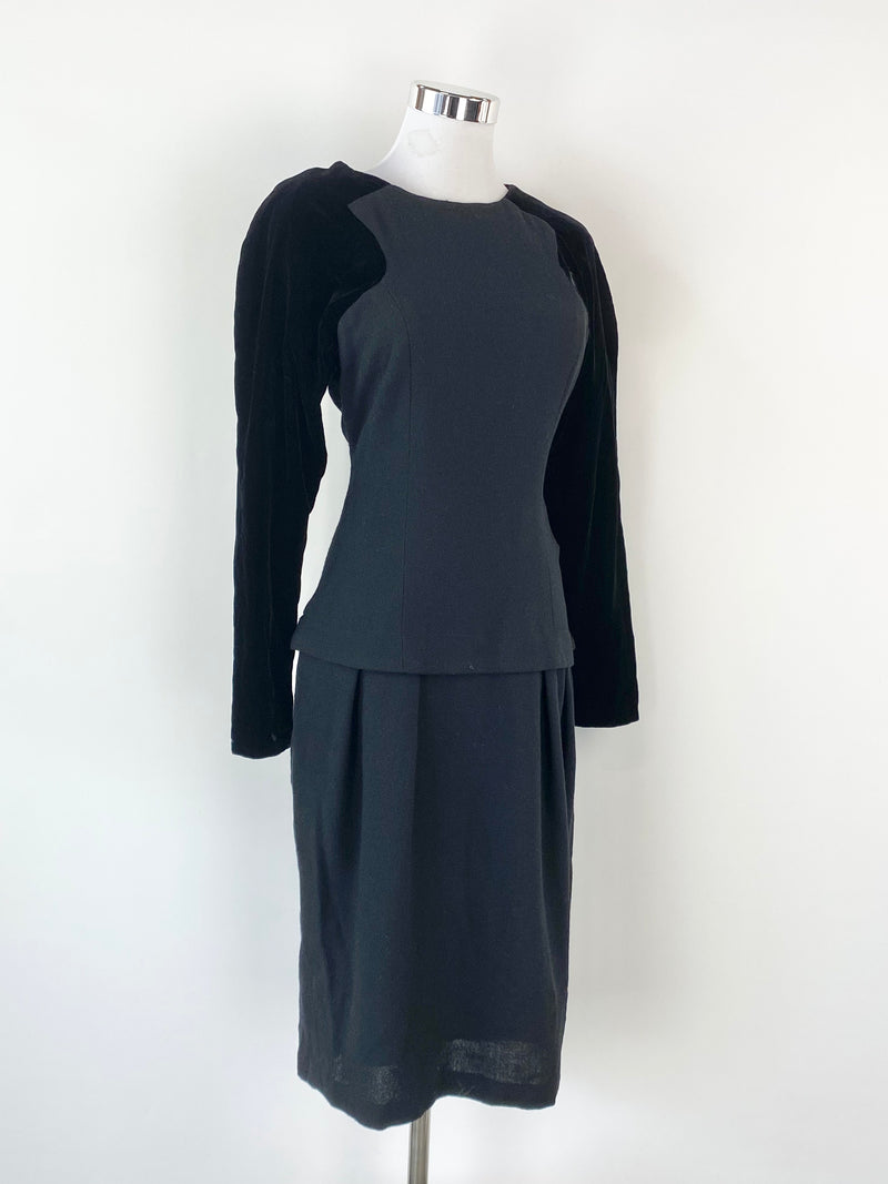 Vintage Anthea Crawford Black Long Velvet Sleeve Midi Dress - AU8/10