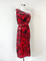 Rachel Comey Crimson & Black Marble Patterned Velvet Off Sleeve Dress - AU8/10