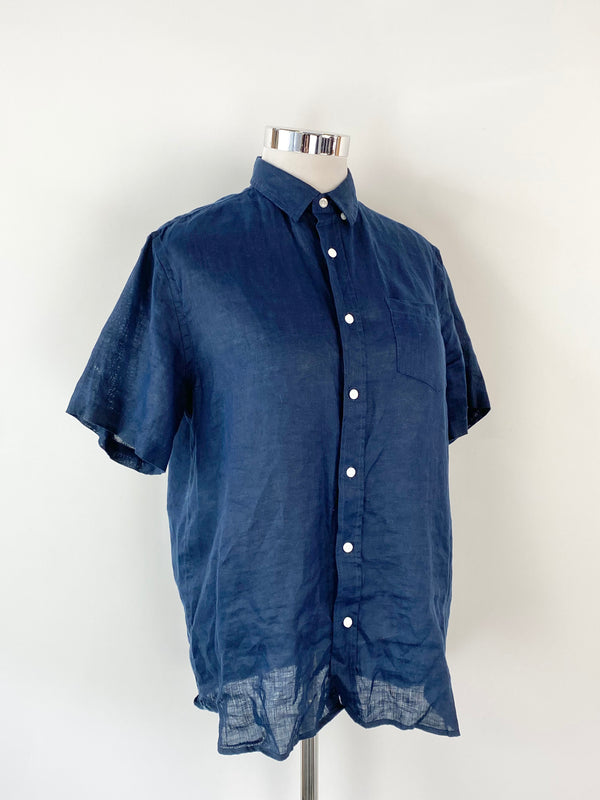 Reserve Midnight Blue Linen Button Up Short Sleeve Shirt - M