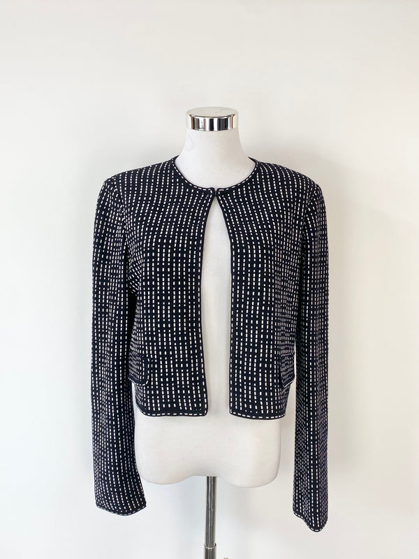 St John Black & White Patterned Ribt Knit Cropped Cardigan - AU10