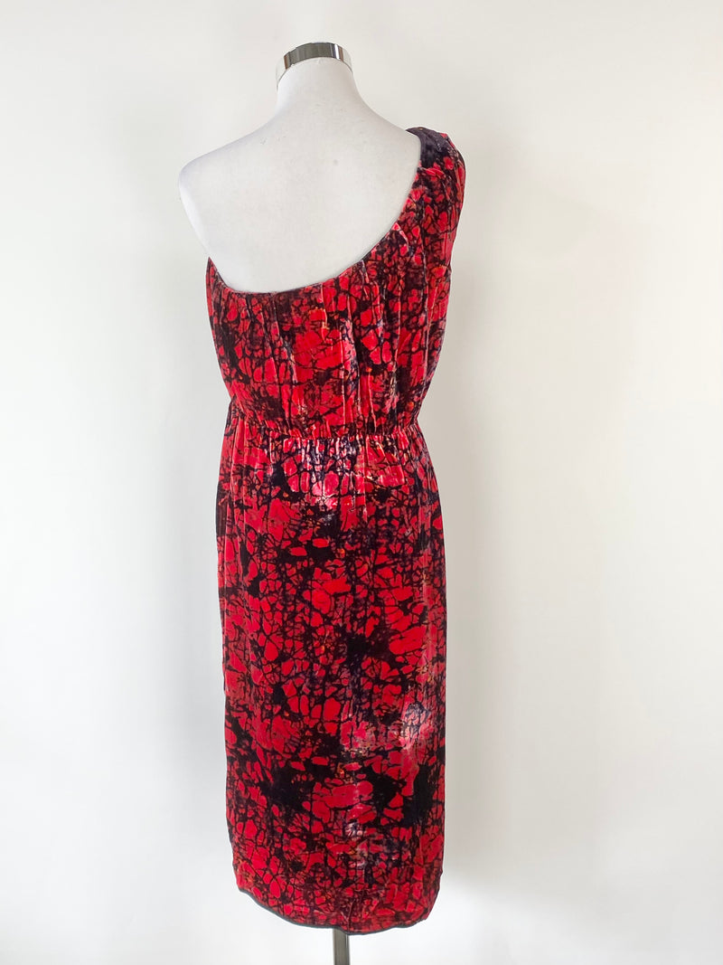 Rachel Comey Crimson & Black Marble Patterned Velvet Off Sleeve Dress - AU8/10